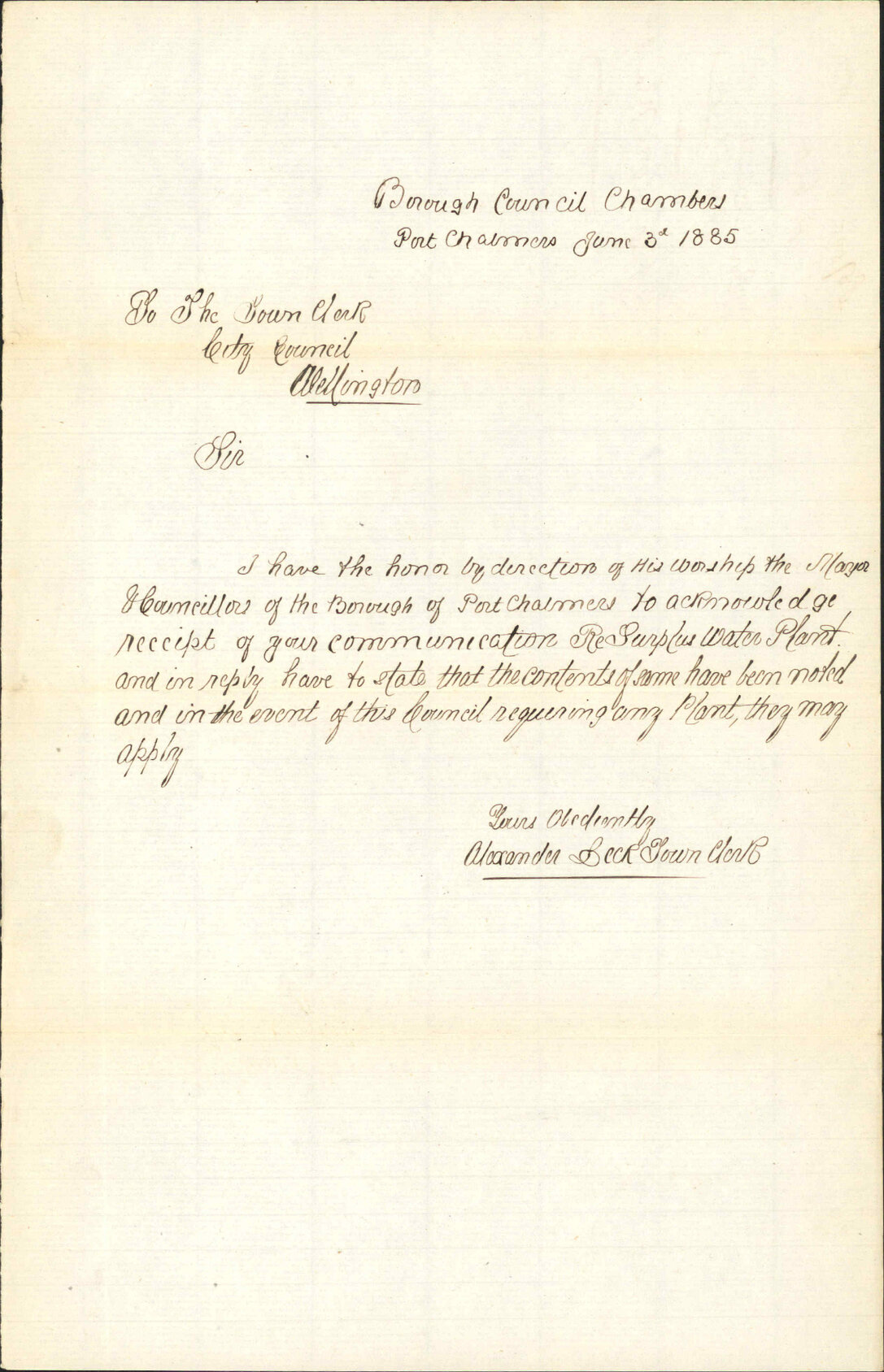 Reply regarding water works plant - Town Clerk Port Chalmers