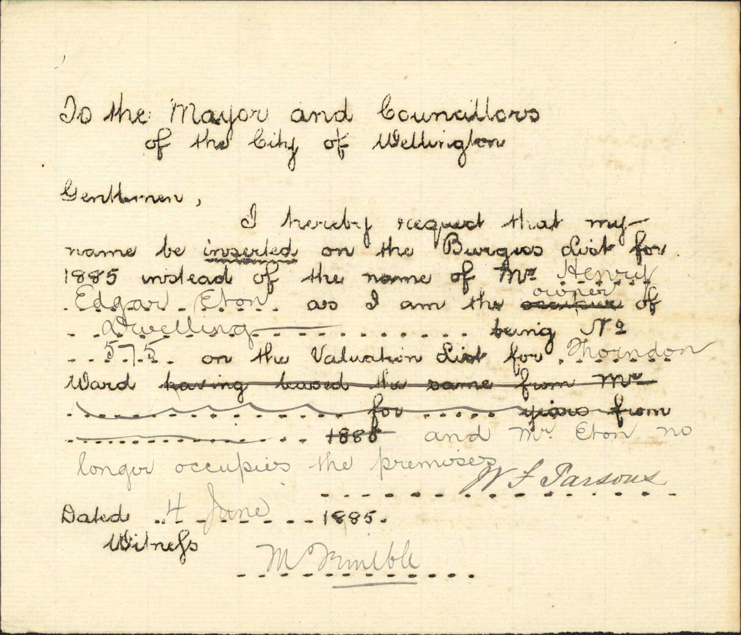 Application regarding Burgess Roll - W F Parsons