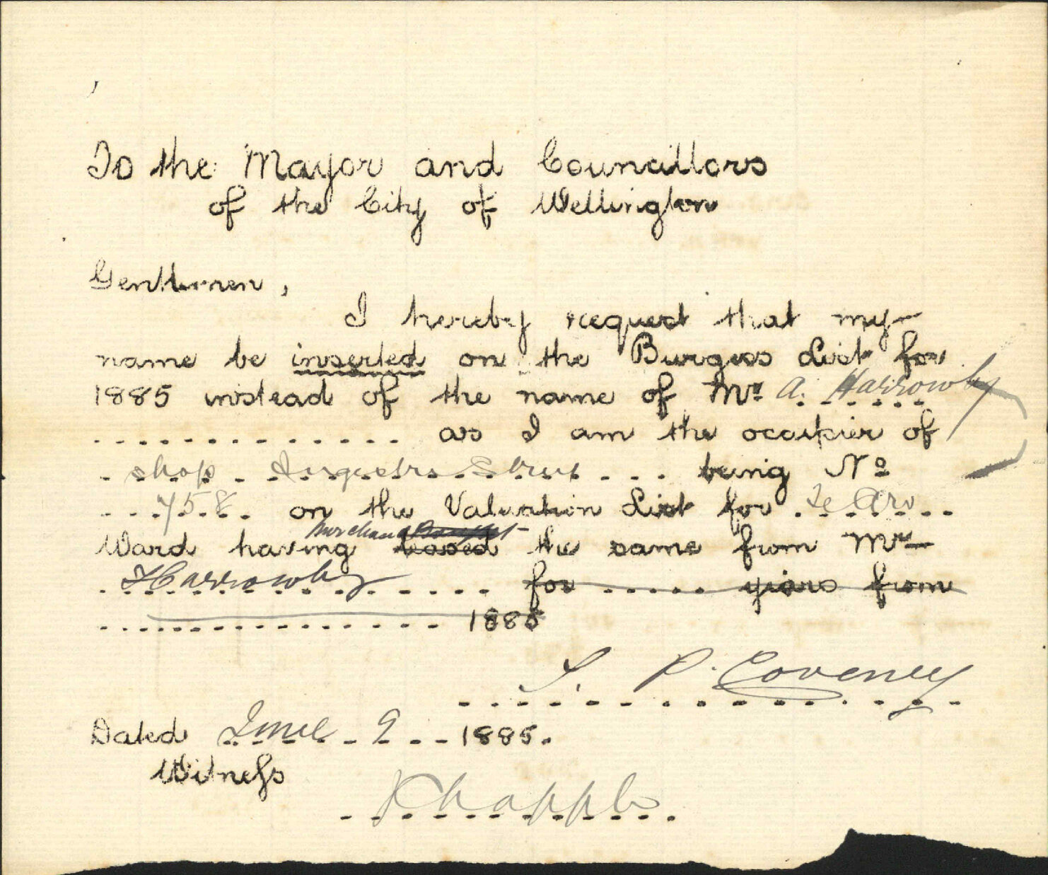 Requesting to be placed on Burgess Roll - J P Coveney