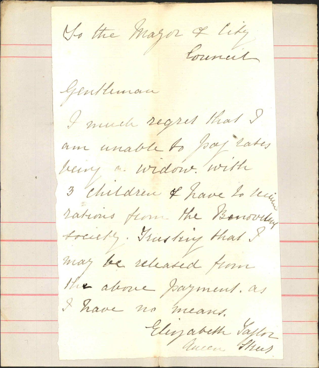 Asking remission of rates, &pound;1.17.6 per annum - William Taylor