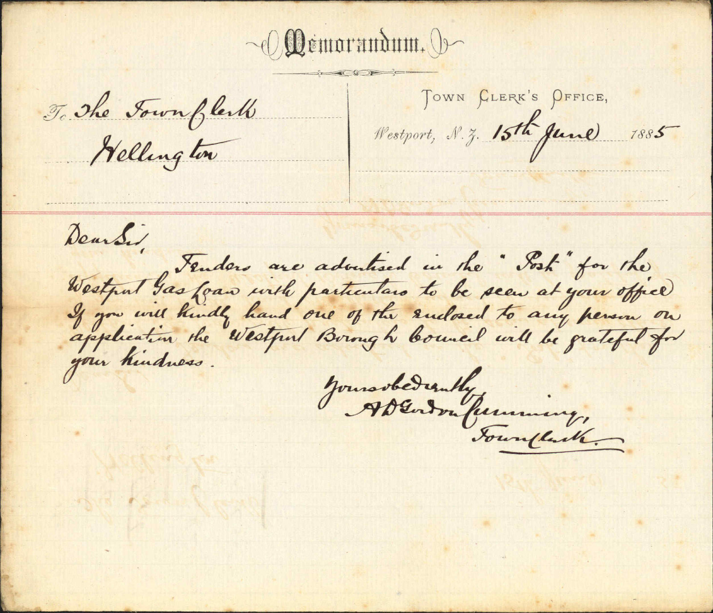 With particulars as to gas loan - Town Clerk Westport