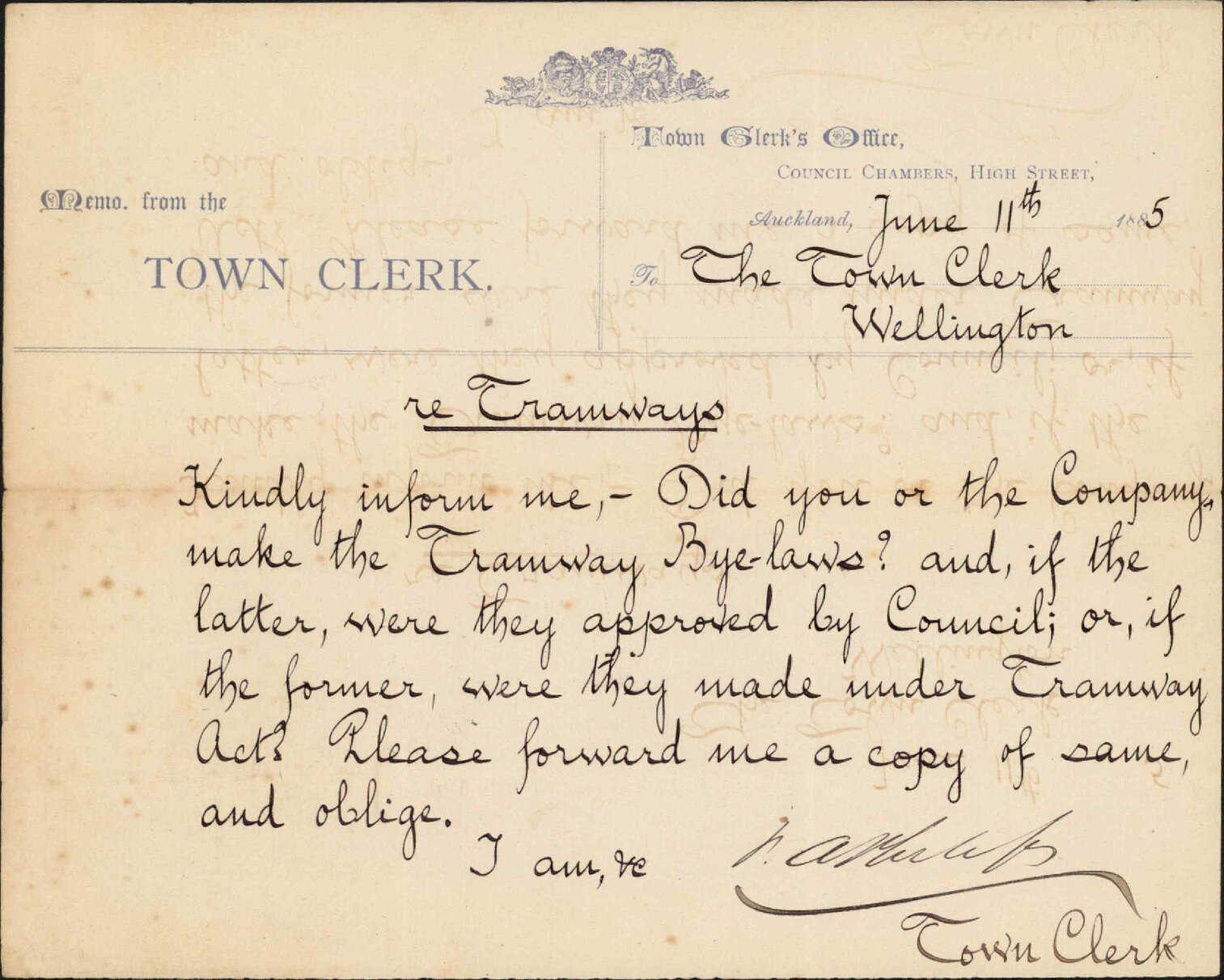 Enquiry as to Tramway Bylaws - Town Clerk Auckland