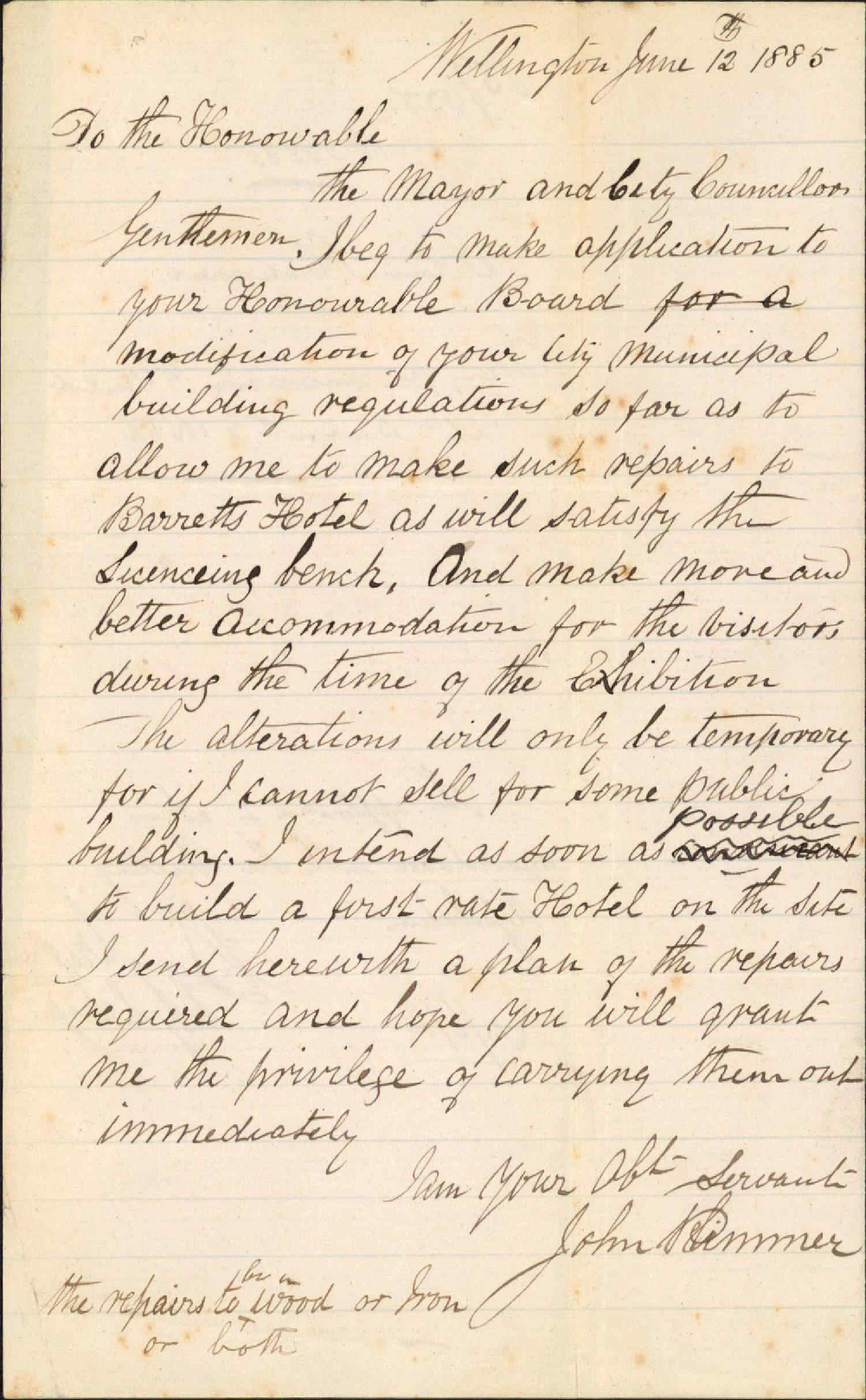 Asking permission to build at Barrett's Hotel - John Plimmer