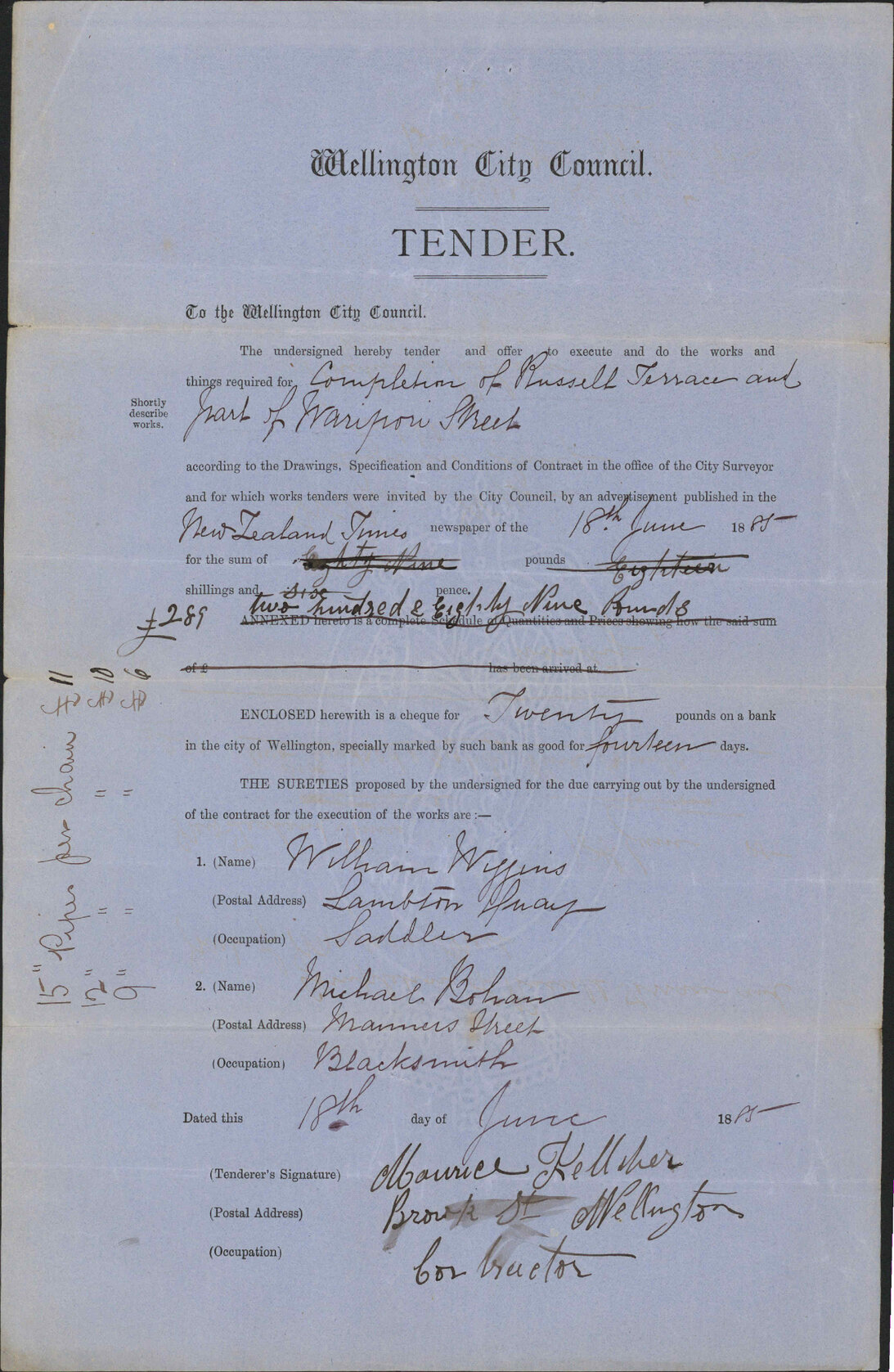 Tender for Russell Terrace contract - M Kelleher