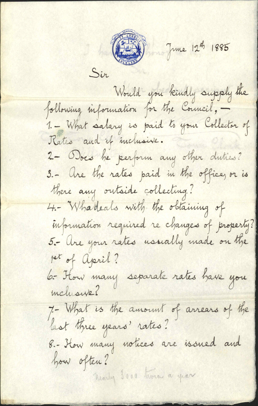 Enquiries as to Rate Collecting - Town Clerk Auckland