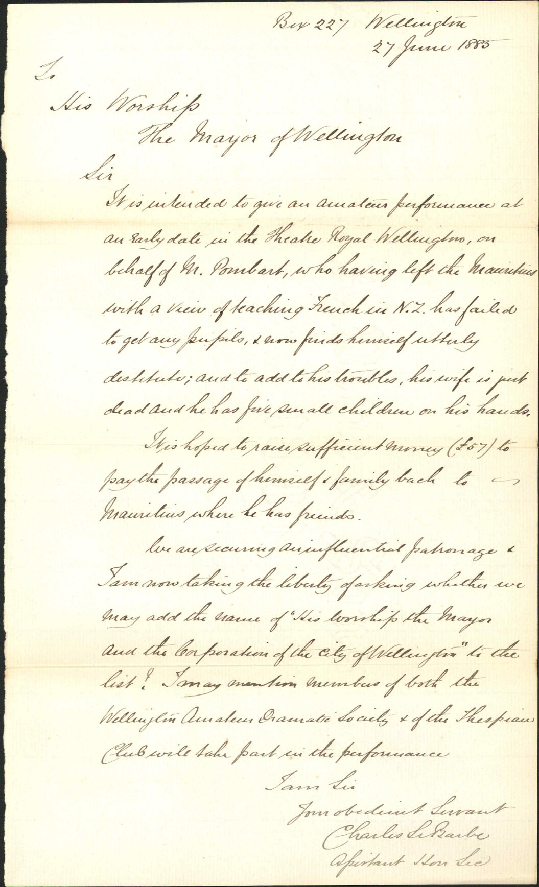 Asking patronage of the council to a benefit performance - Charles S Barbe