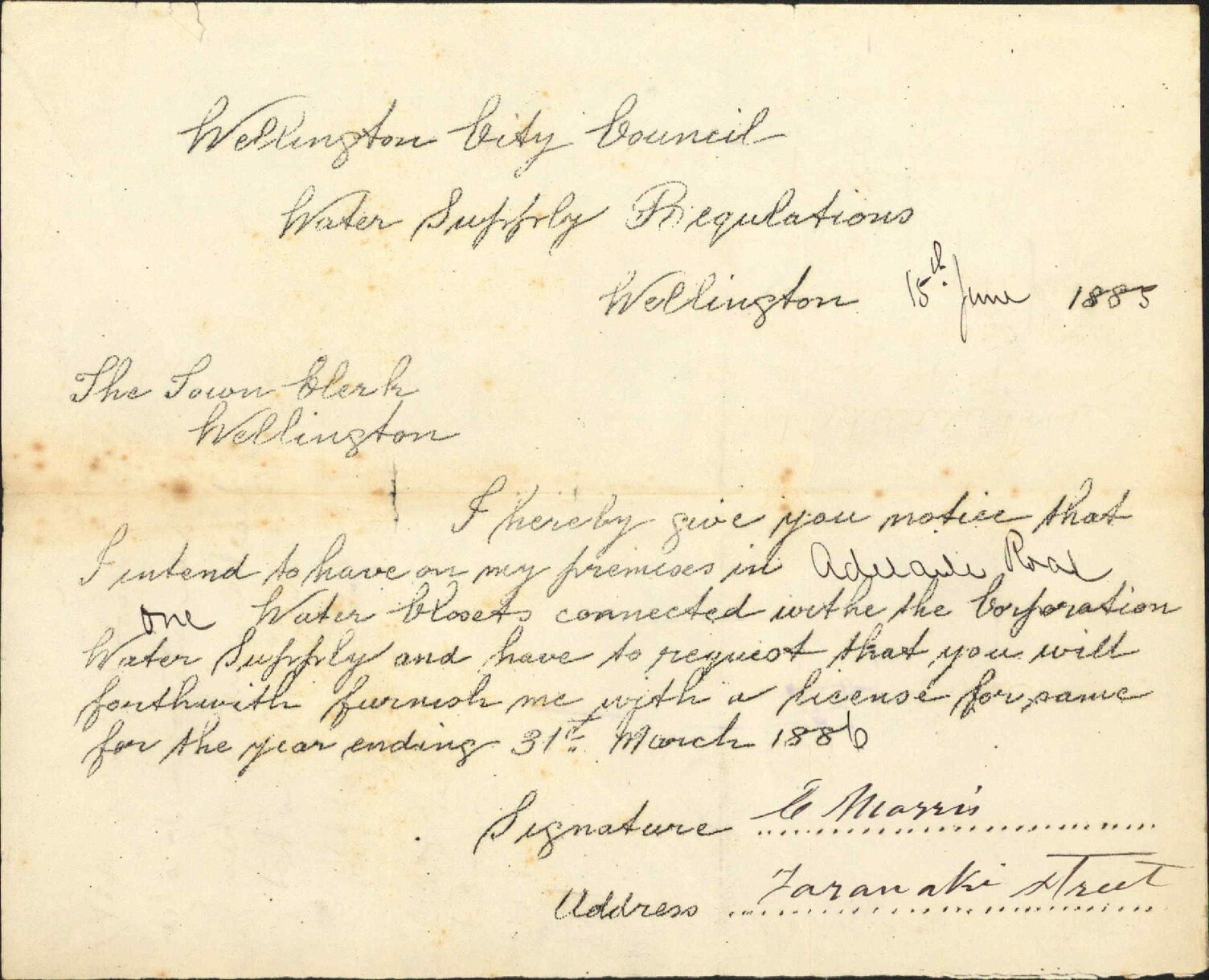 As to application of E Morris for water closet license - City Surveyor