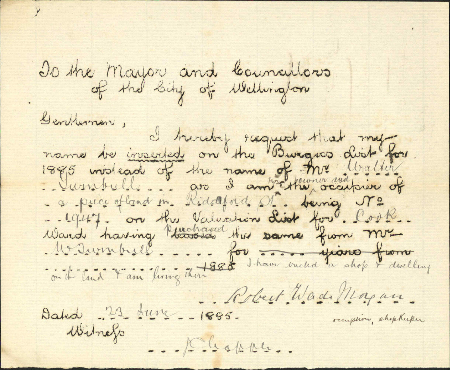 Application to go on Burgess roll - R W Morgan