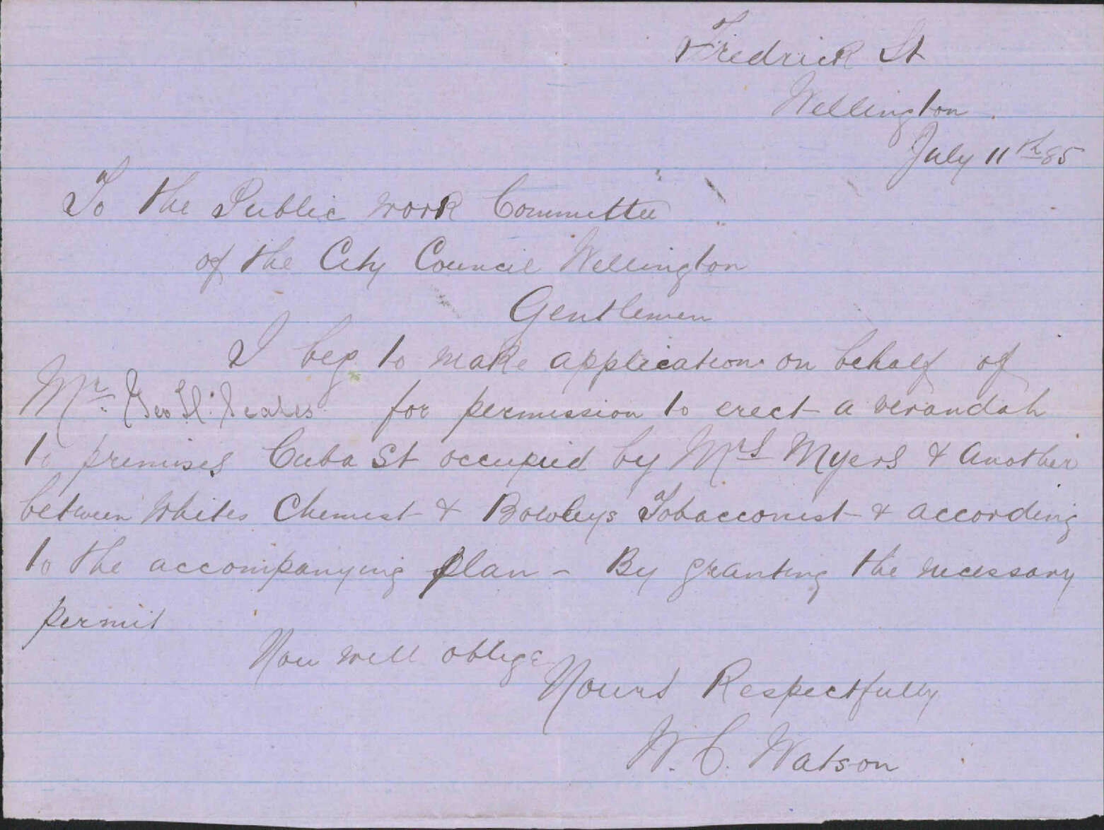 Application for permission to erect verandah - W C Watson
