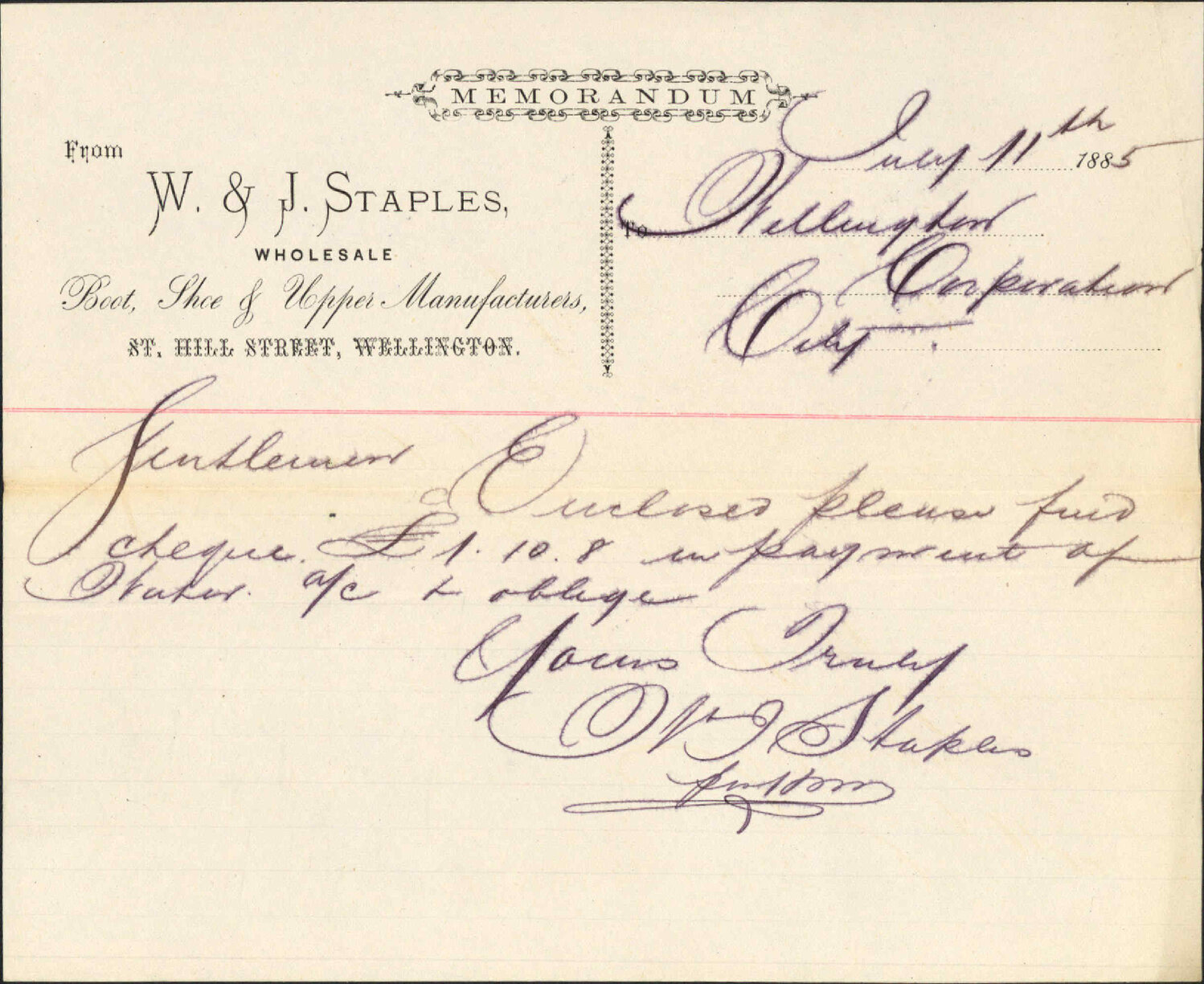 Enclosing cheque for water account - W &amp; J Staples
