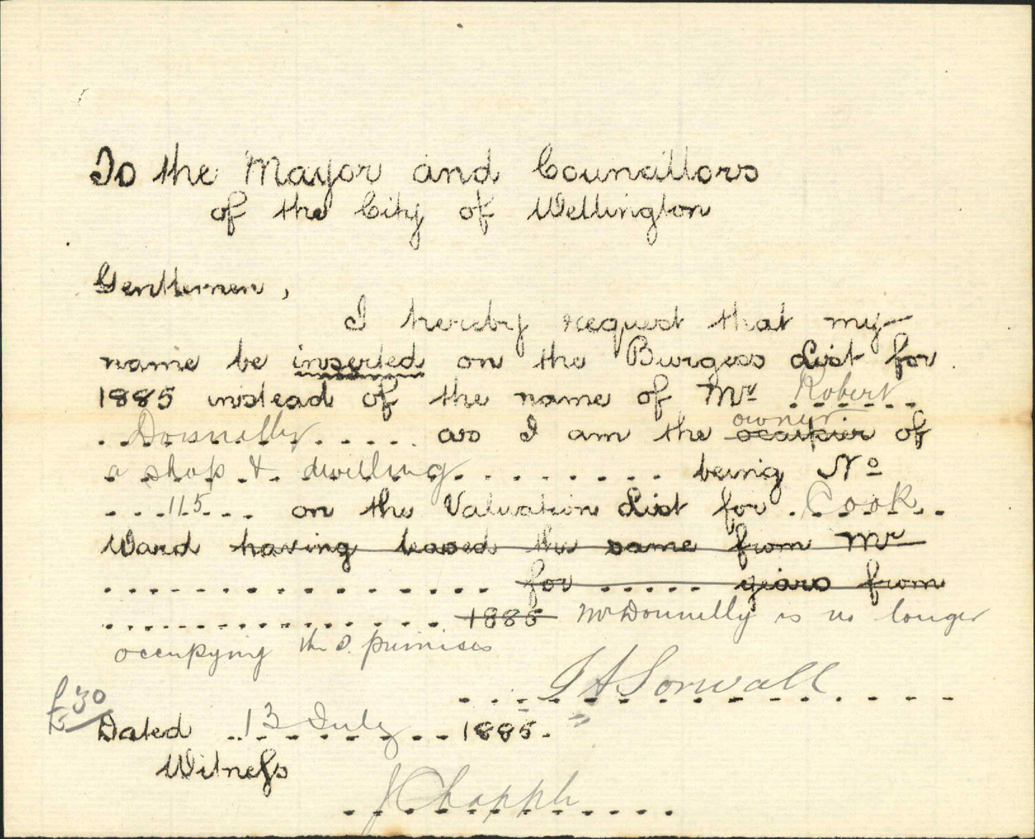 Request to be placed on Burgess Roll - J A Sorwall