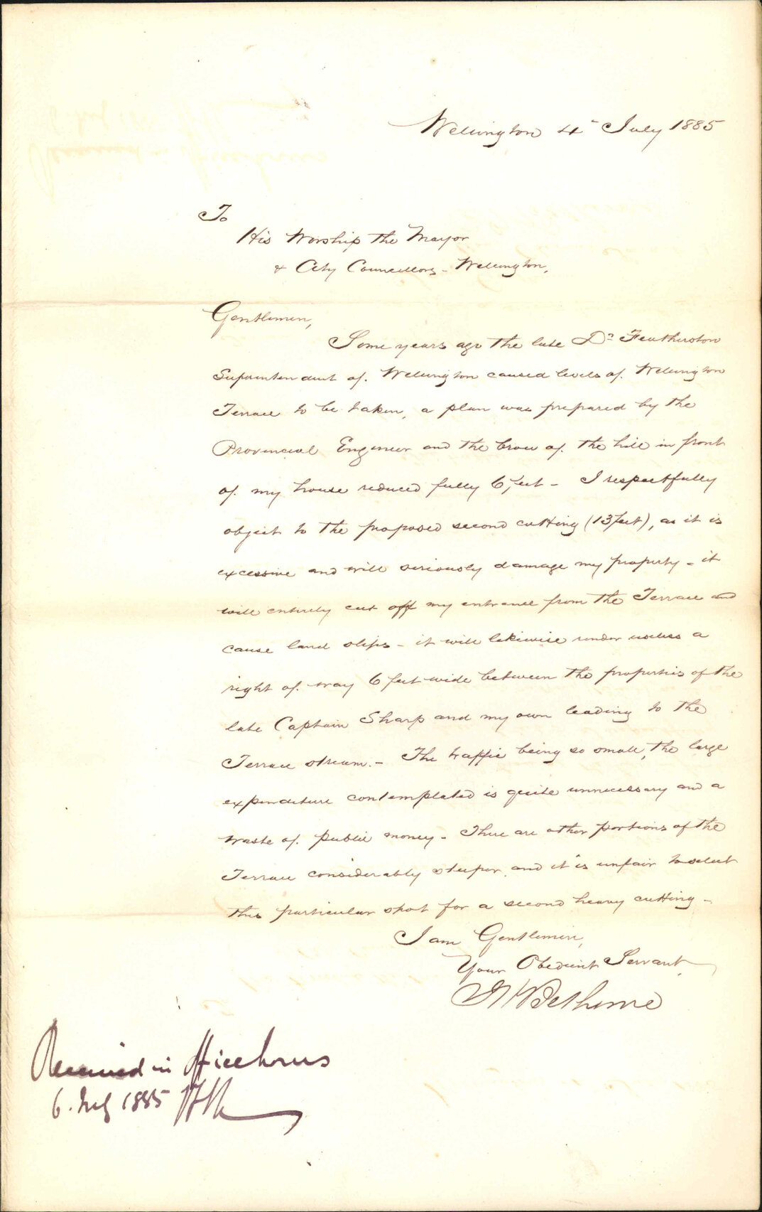 Objection to levels of Wellington Terrace - J H Bethune