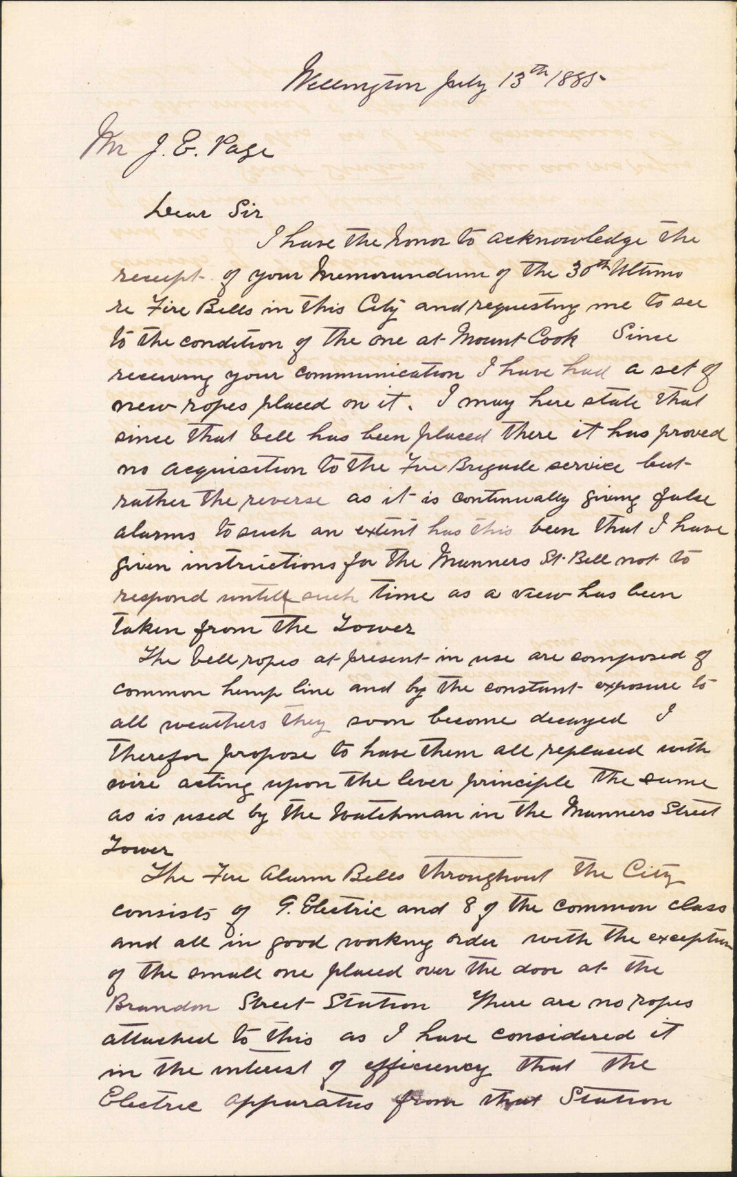 Municipal Fire Brigade Superintendent, Report re condition of Fire Bell, Mount Cook