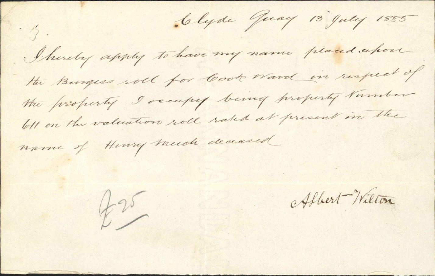 Application to be placed on Burgess Roll - Albert Wilton