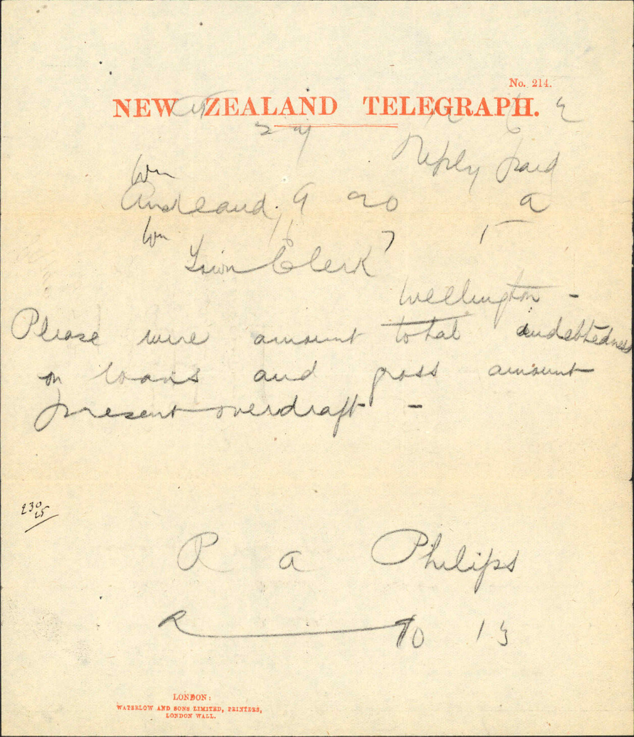 Enquiry as to indebtedness - Town Clerk Auckland