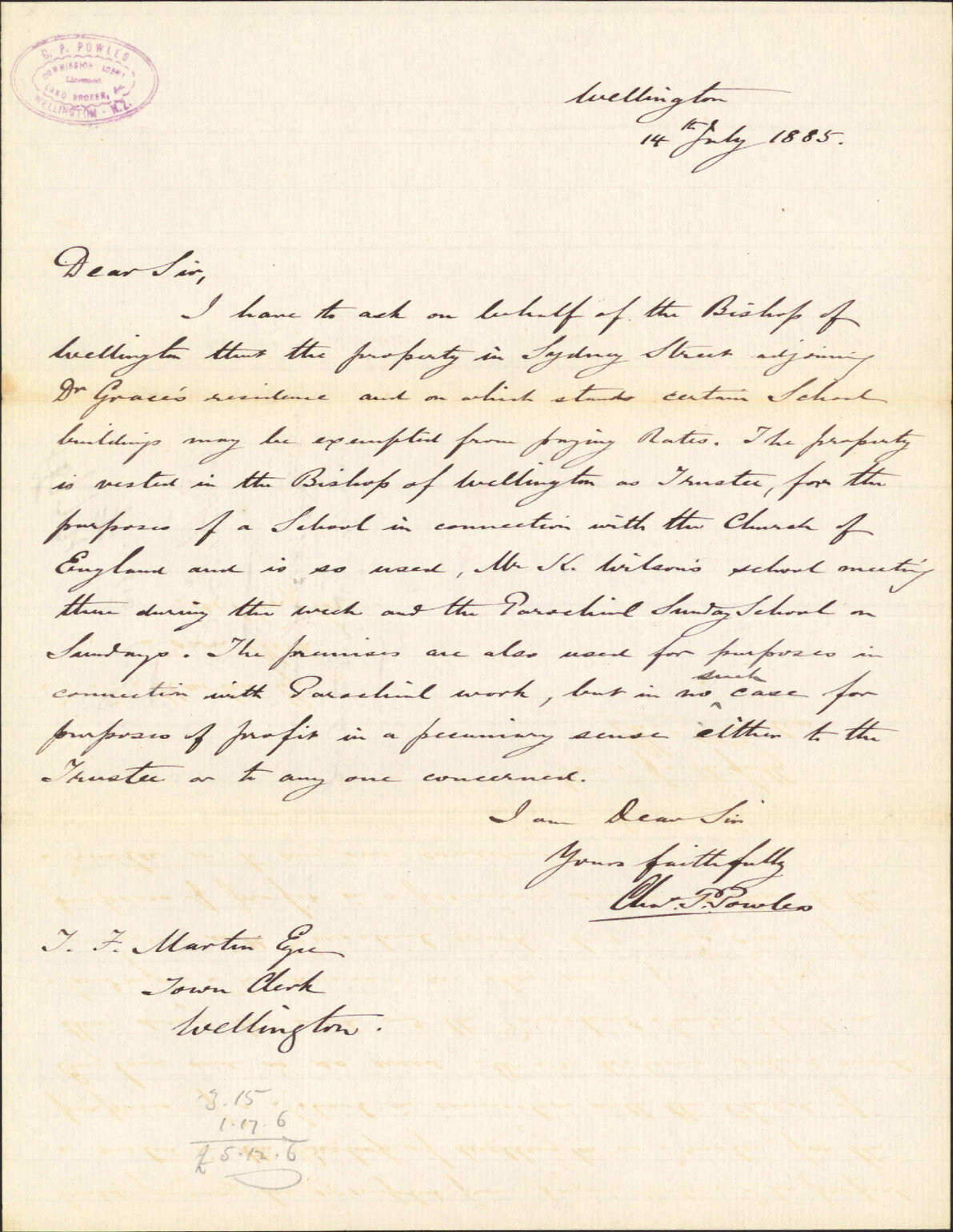Asking exemption from rates, Sydney Street school - C P Powles