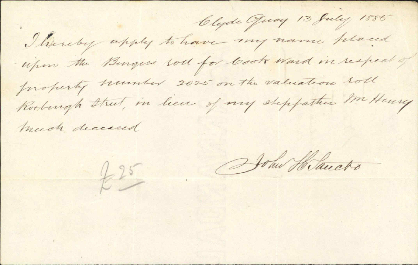 Application to be placed on Burgess Roll - J H Sancto