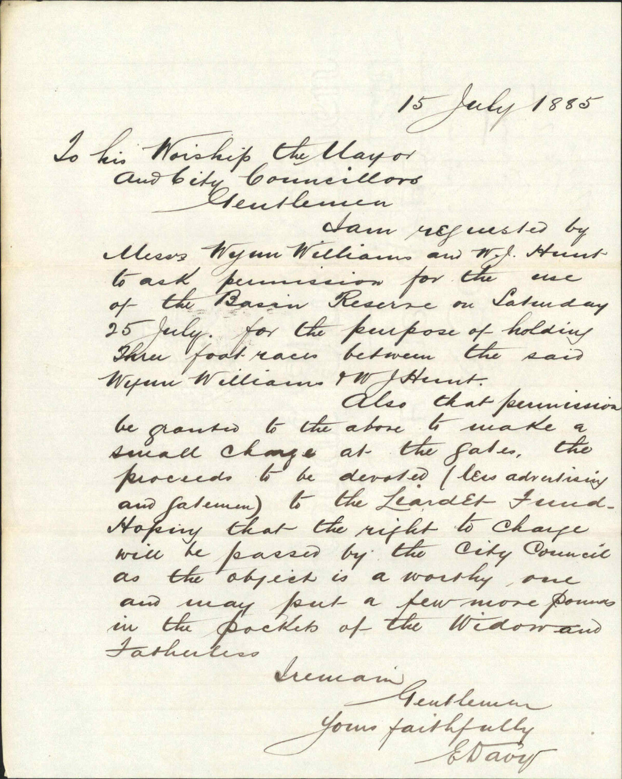 Asking use of Basin Reserve - E Davy