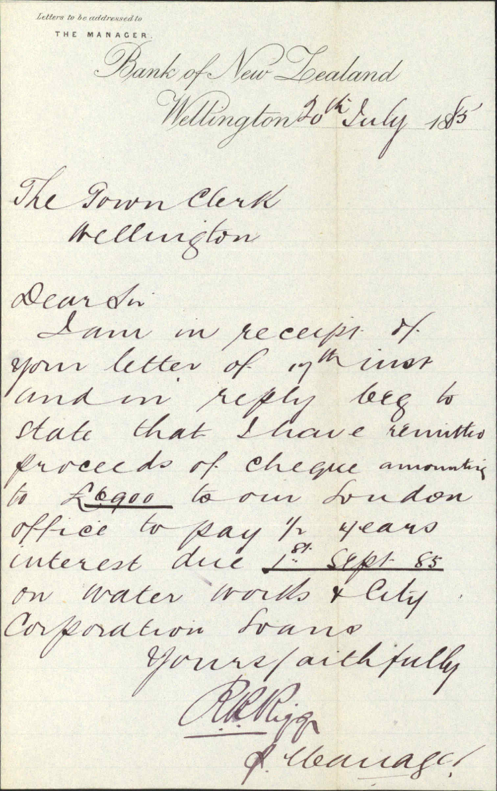 Acknowledging receipt of remittance for interest - Bank of New Zealand
