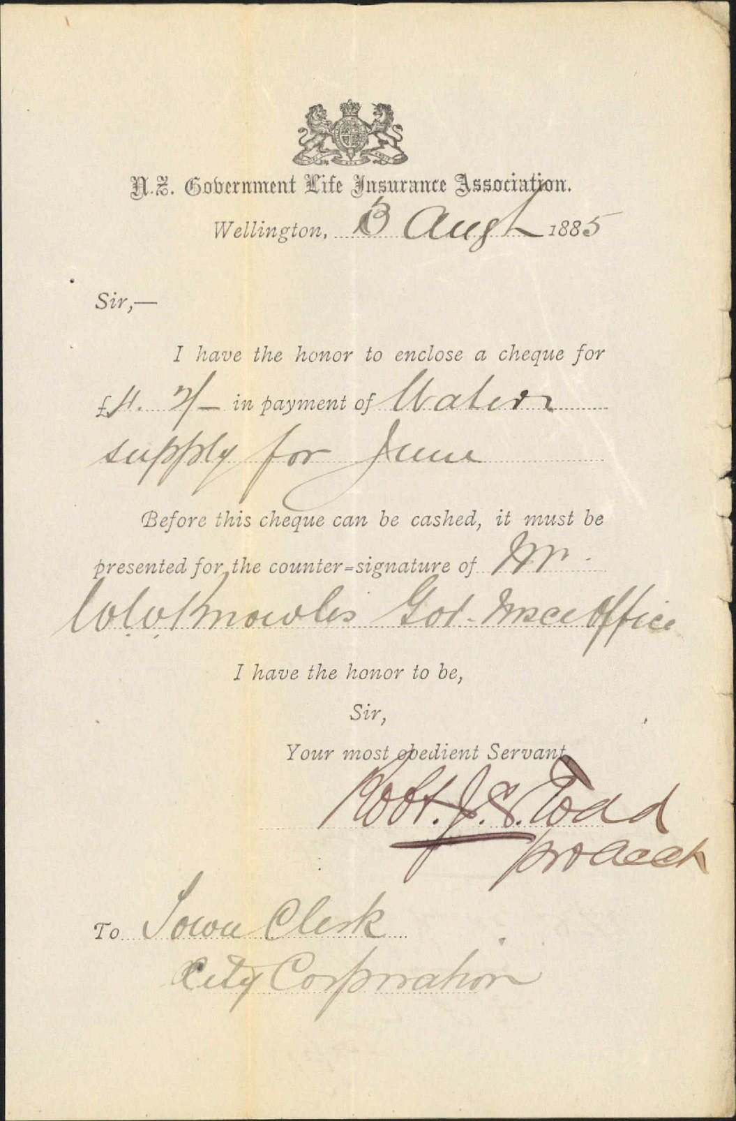 Enclosing cheque for water account - Government Insurance Company