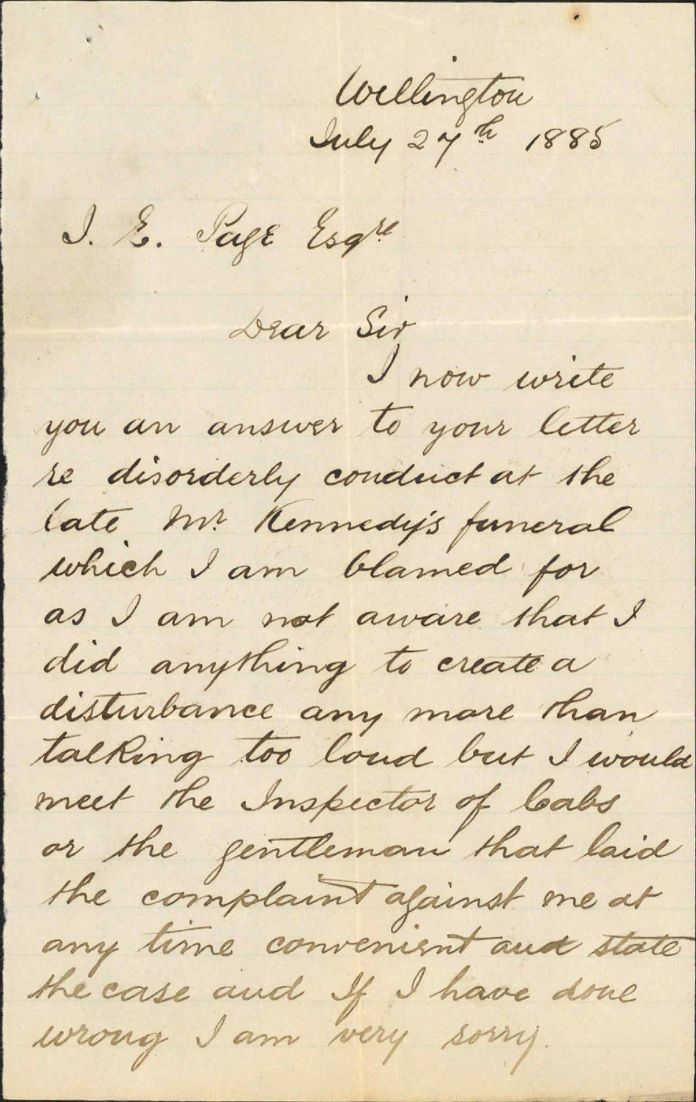 Reply regarding alleged disorderly conduct at a funeral - J Ellison