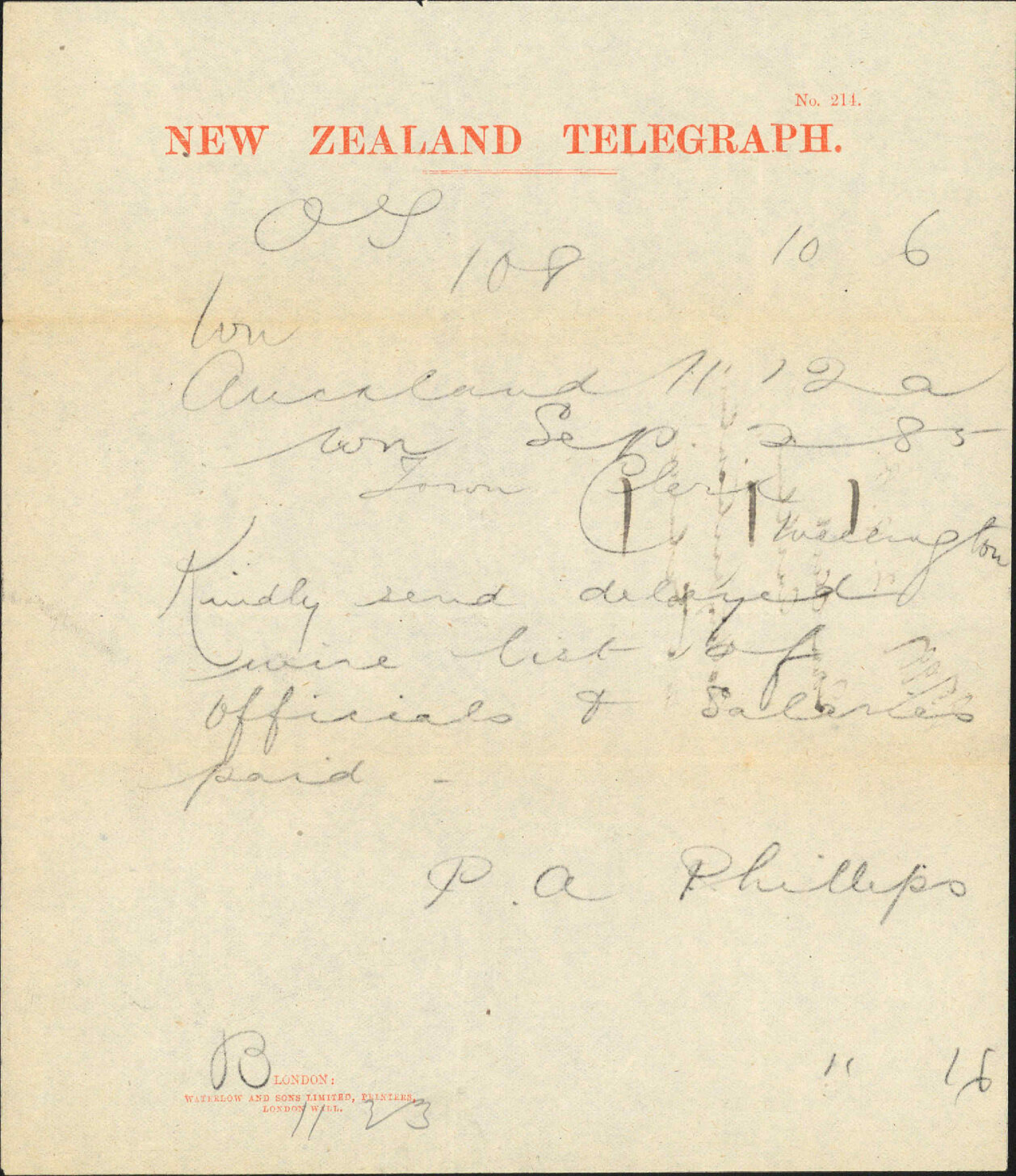 Asking particulars as to salaries - Town Clerk Auckland