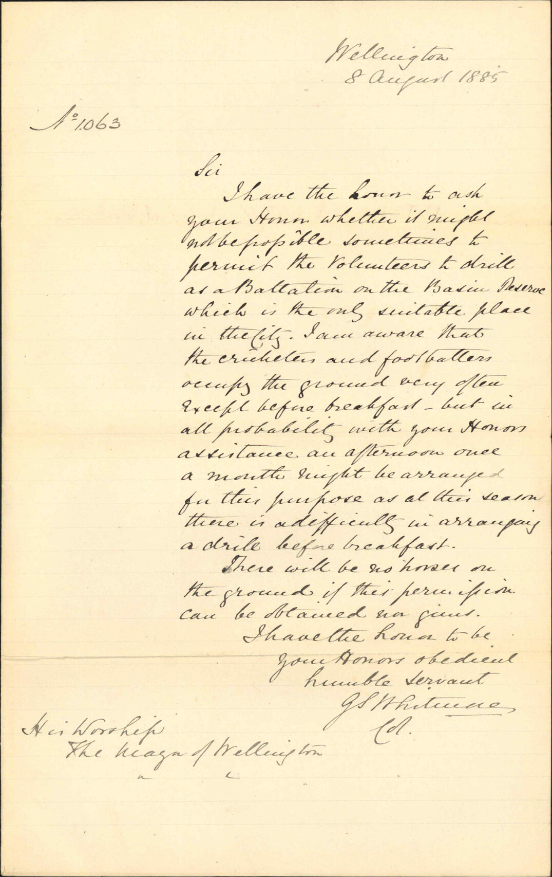 Asking use of Basin Reserve for Battalion Drill - Colonel Whitmore