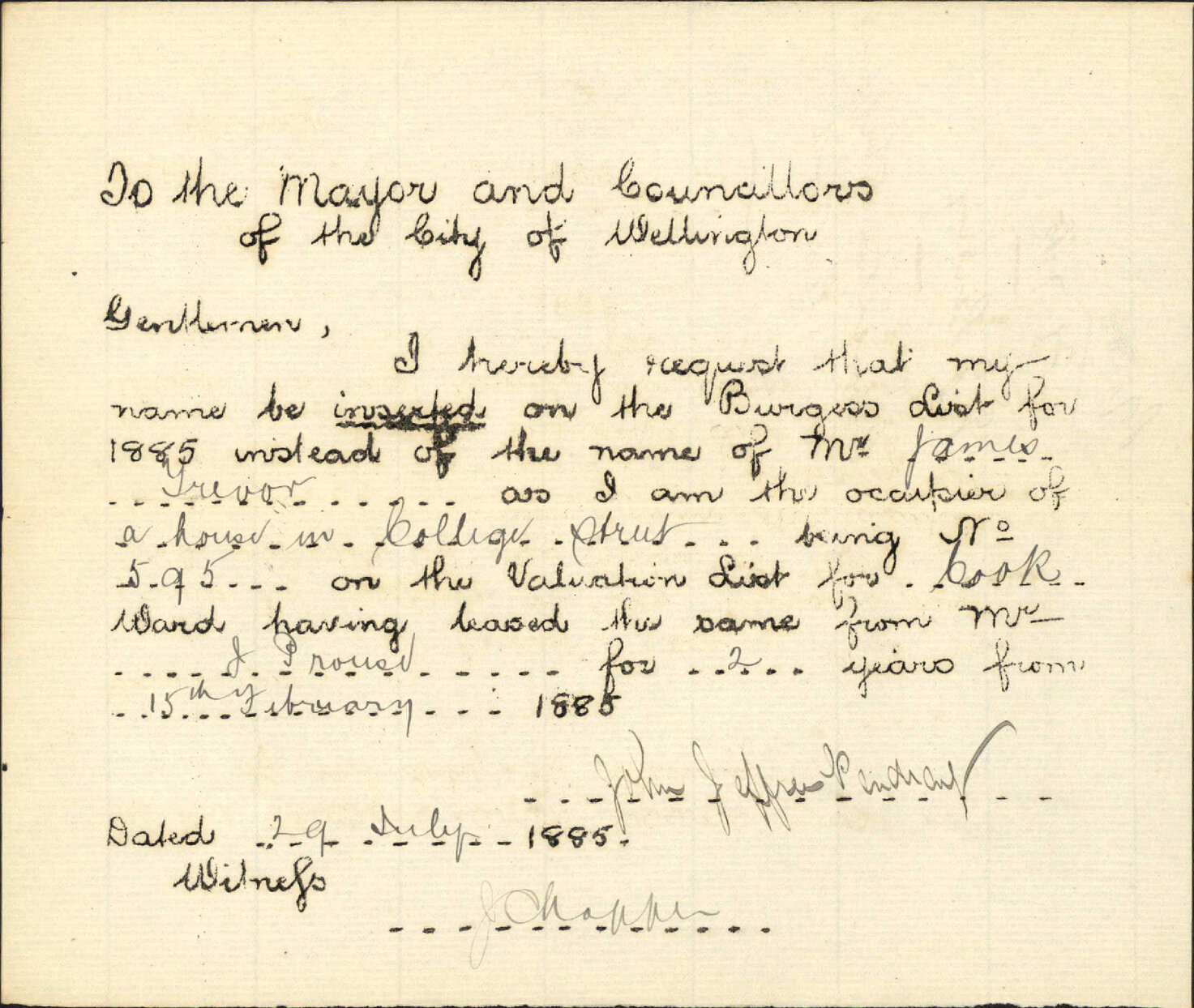 Application to be placed on Burgess Roll - J J Pendlay