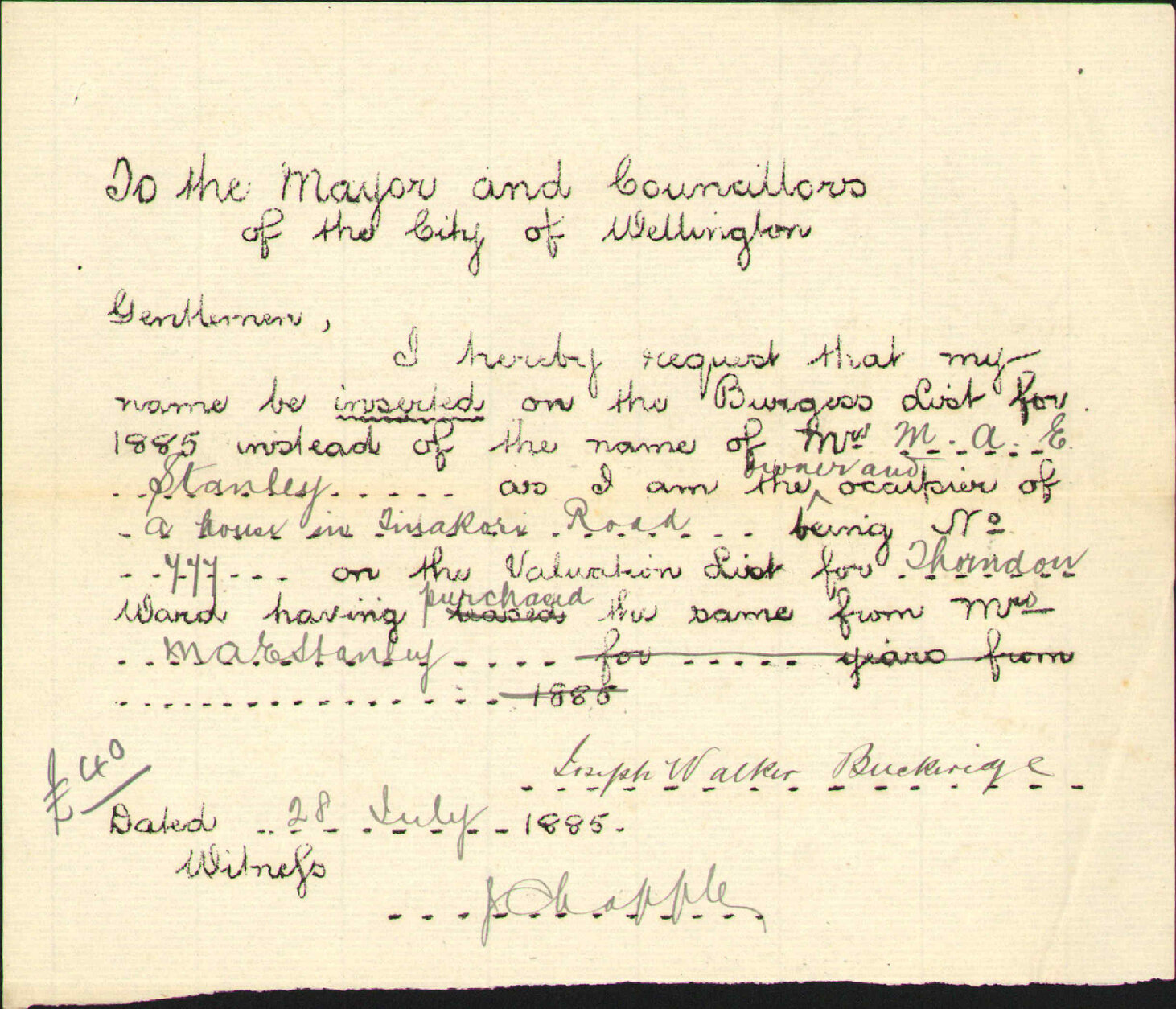 Application to be placed on Burgess Roll - J W Buckerridge