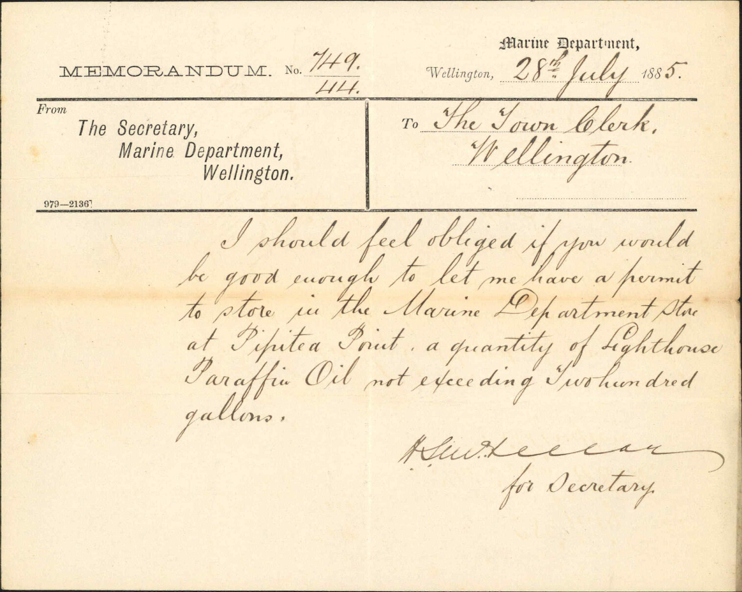 Asking permit to store paraffin oil - Marine Department