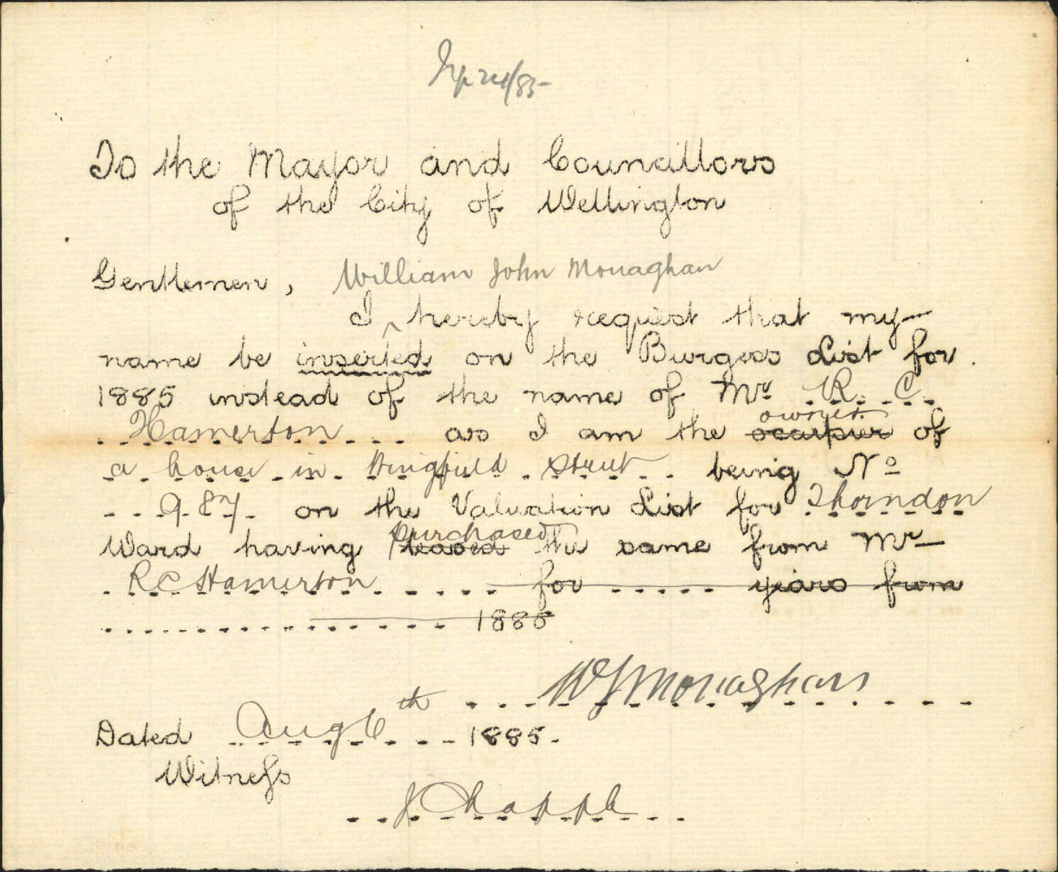 Request to be placed on Burgess Roll - W J Monaghan