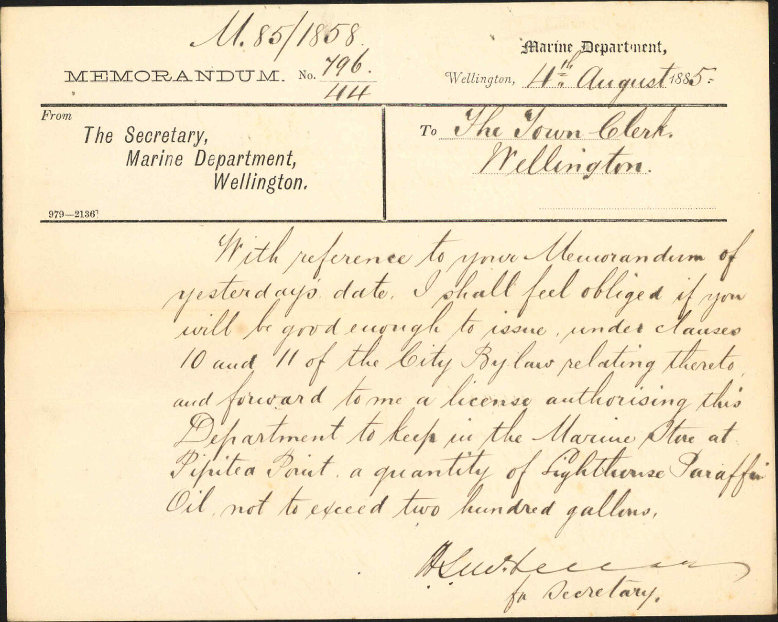 License to store paraffin - Marine Department