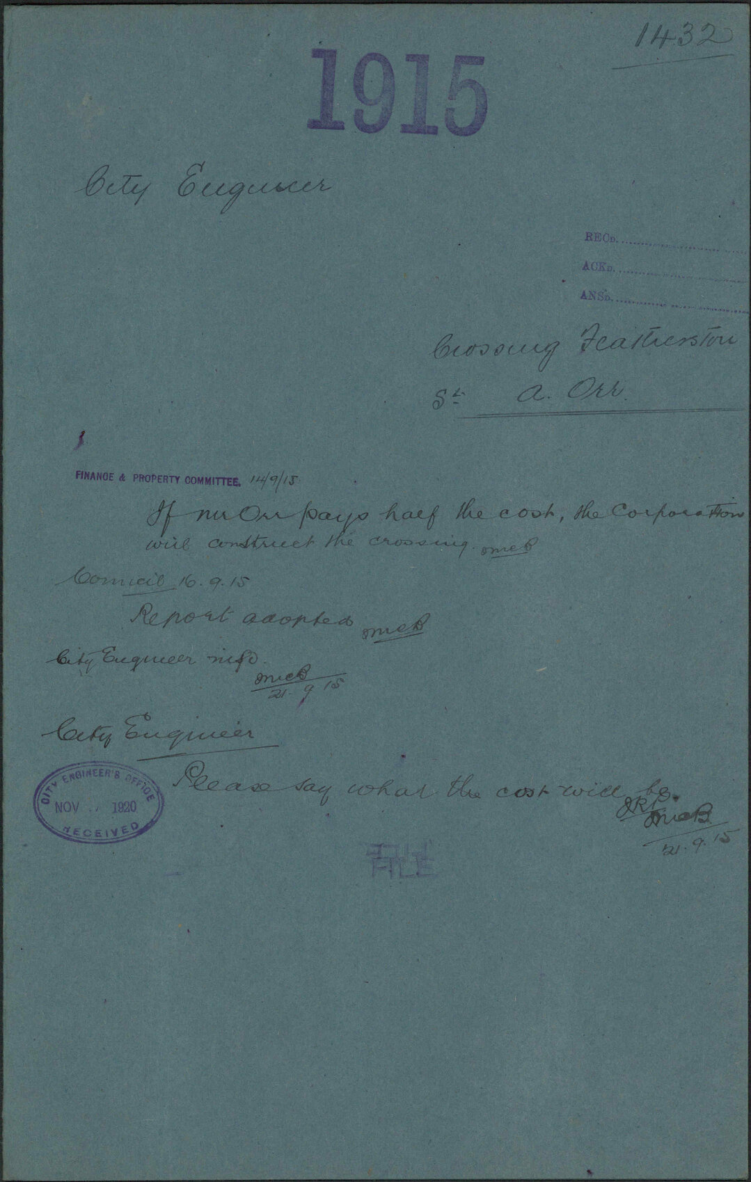 Crossing, Featherston Street, A Orr - City Engineer