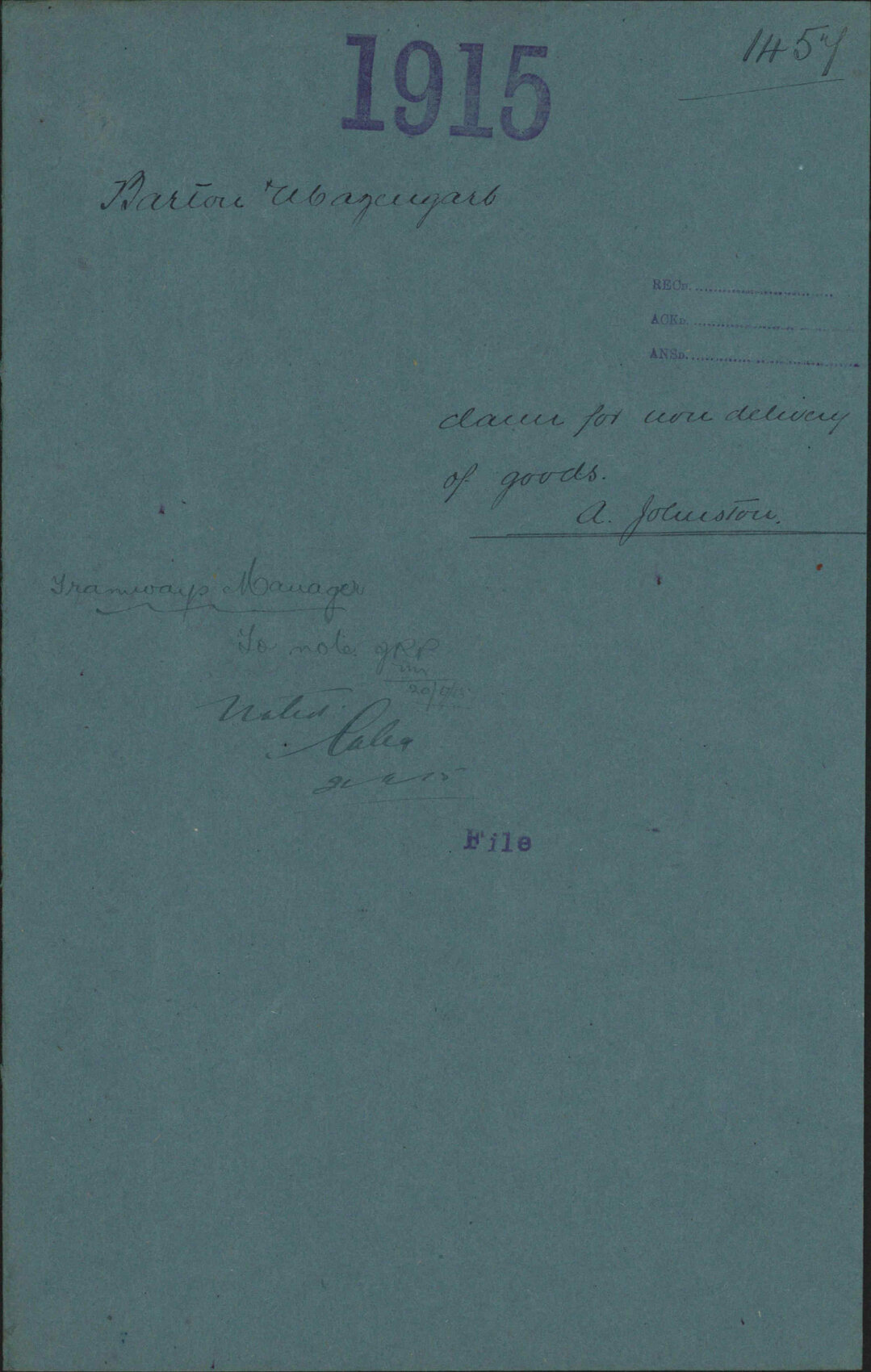 Claim for non delivery of goods, A Johnston - Barton &amp; Mazengarb