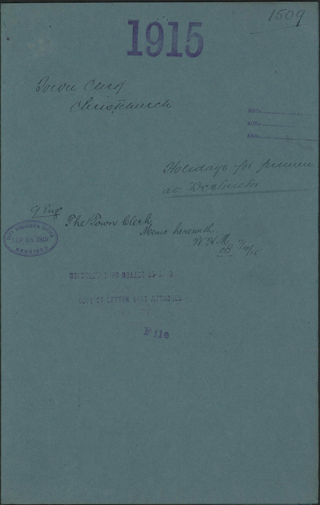 Holidays for firemen at Destructor - Town Clerk, Christchurch