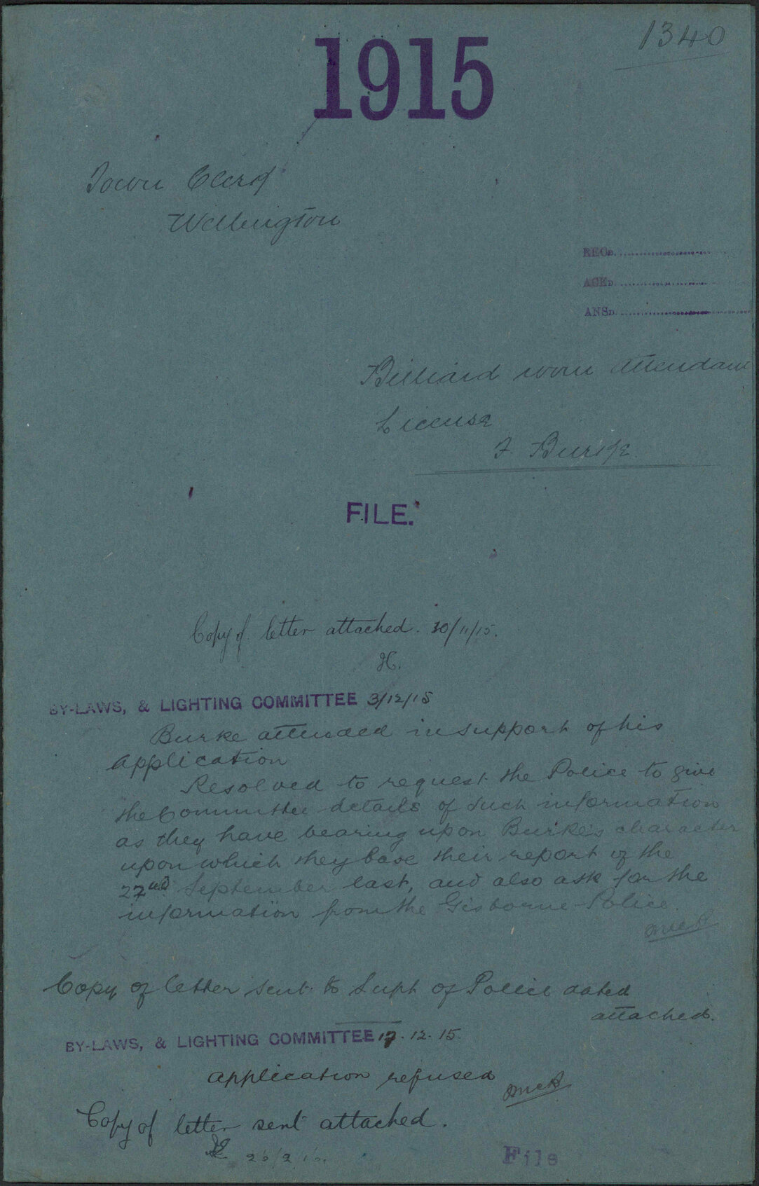 Billiard Room Attendants license, F Burke - Town Clerk, Wellington