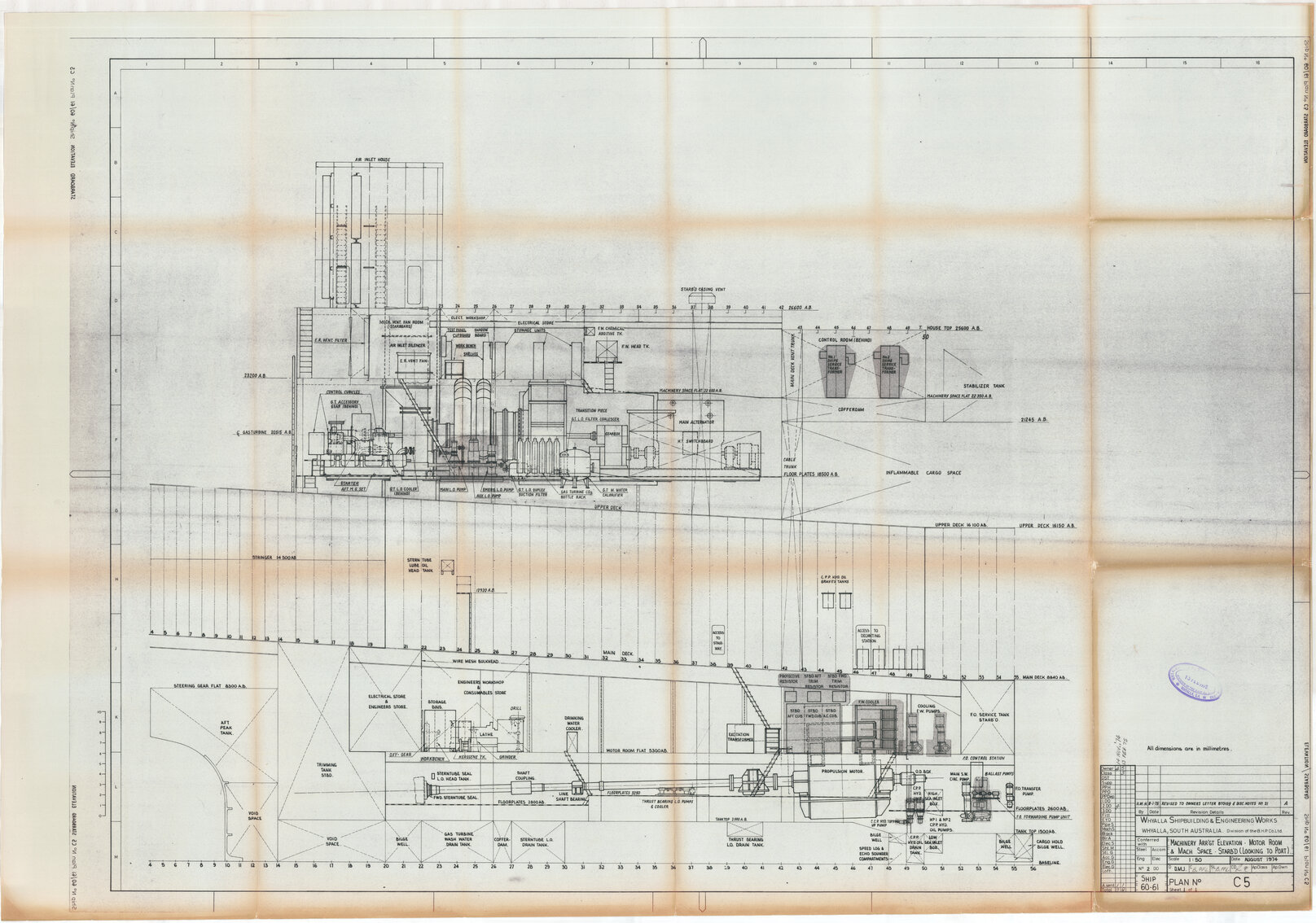 Union Rotorua, machinery arrangement elevation, motor room and machine space  starboard 