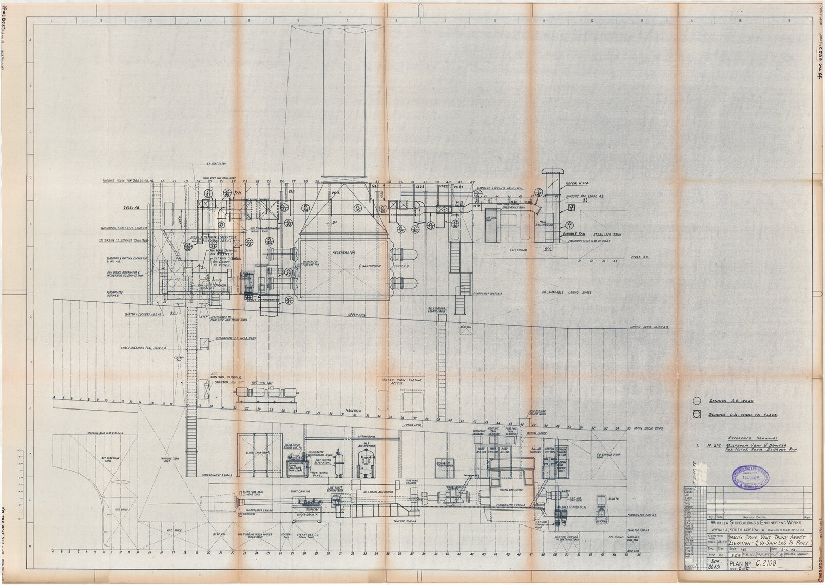 Union Rotorua, machy [machinery] space vent trunk arrangement elevation of ship looking to port