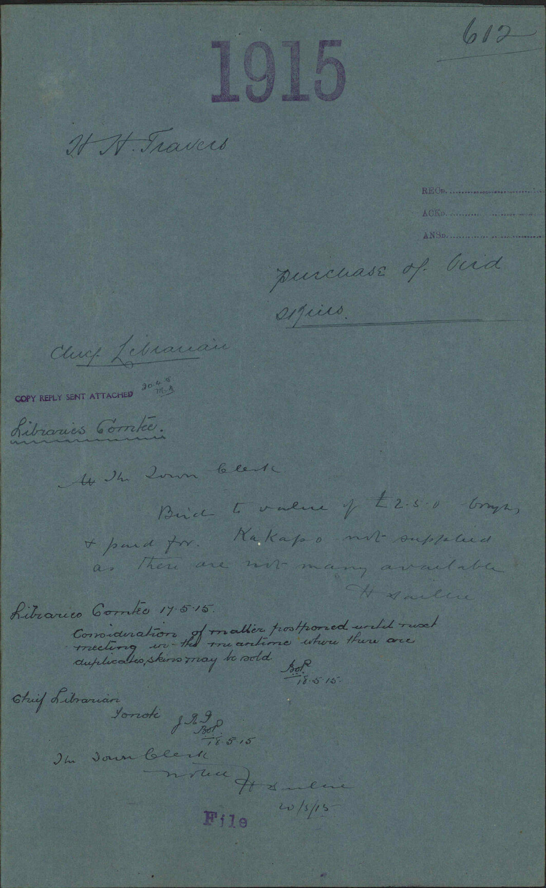 Purchase of bird skins - H H Travers
