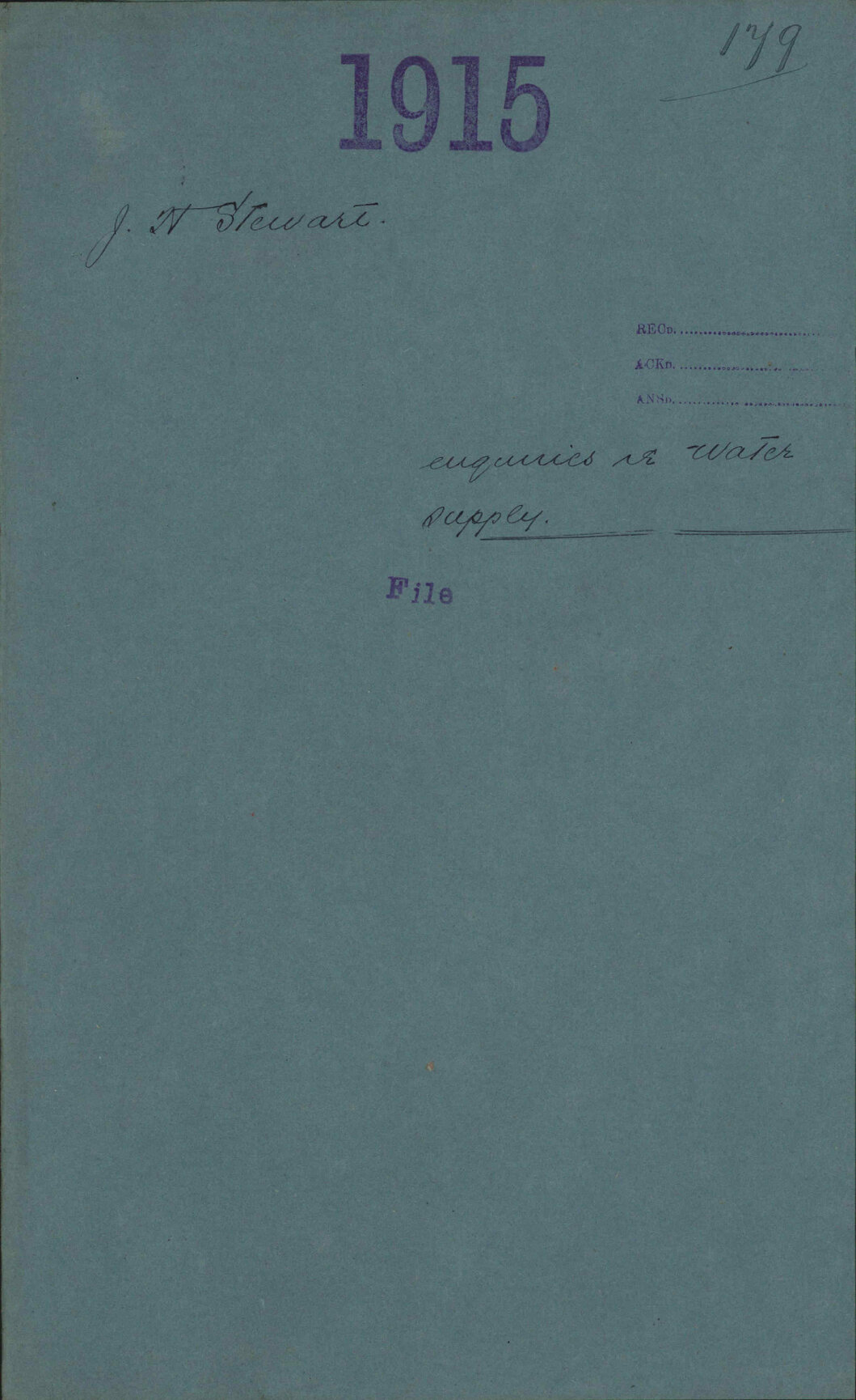 Enquiries re water supply - J H Stewart