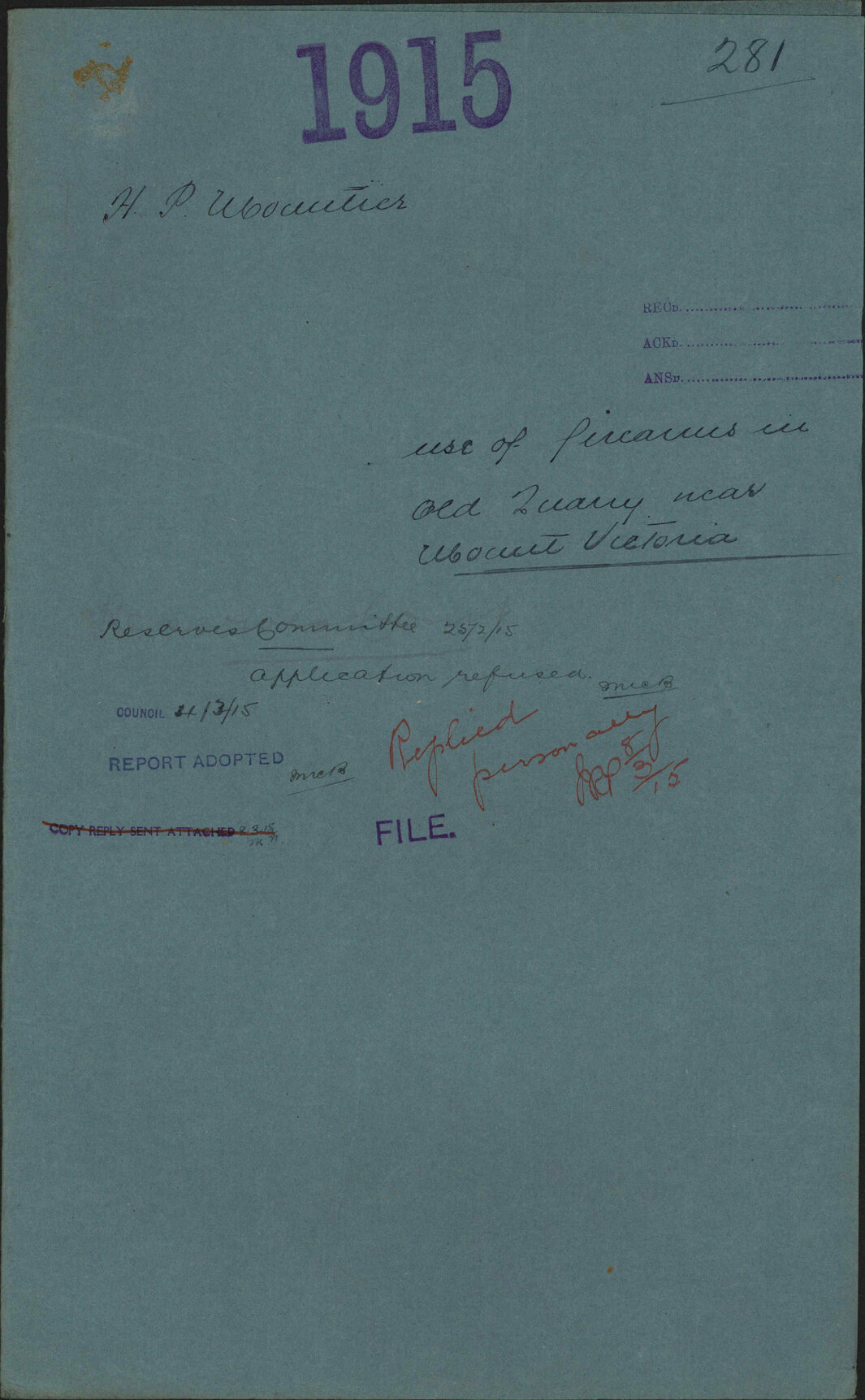 Use of firearms in old quarry near Mt Victoria - H P Mountier