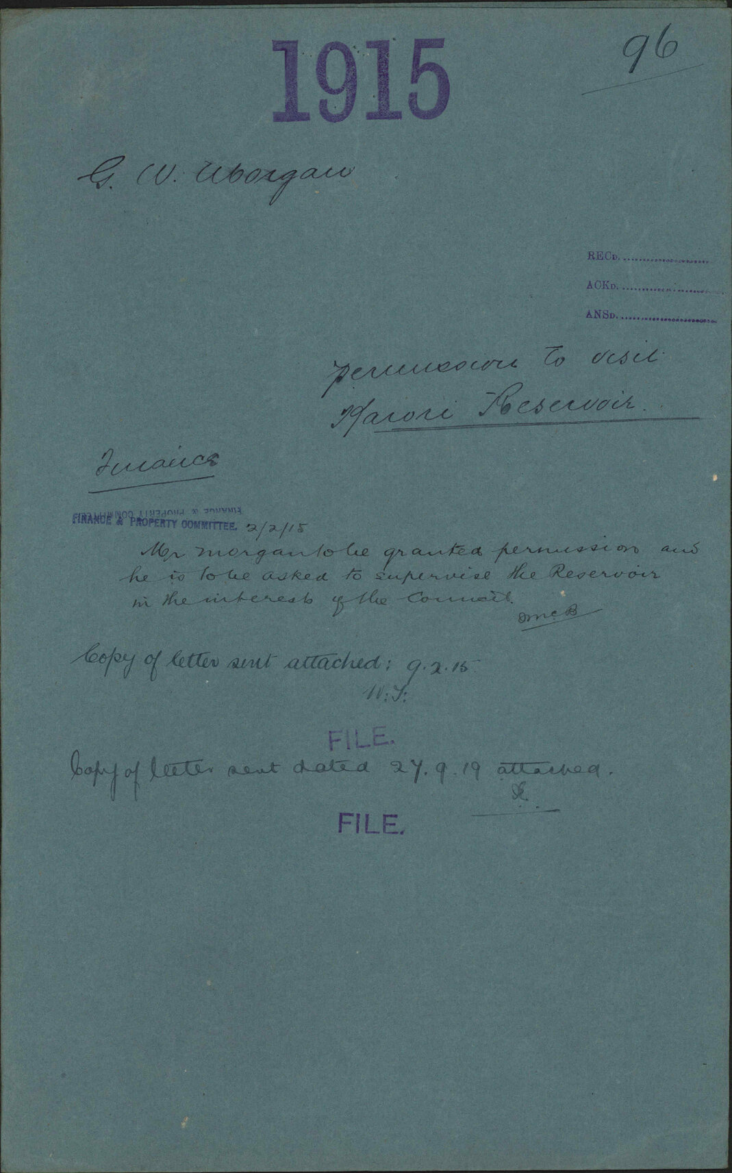 Permission to visit Karori Reservoir - G W Morgan