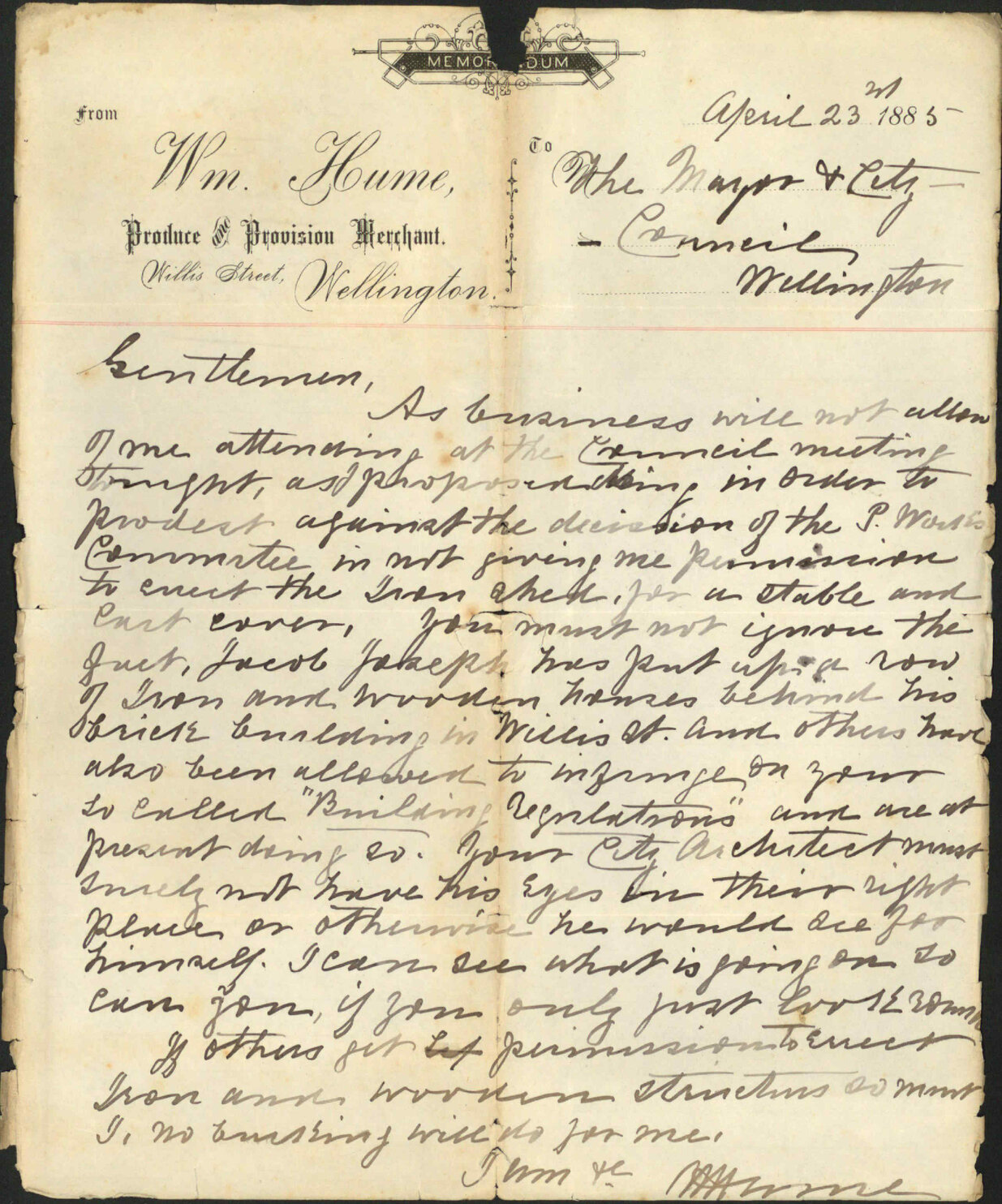 Further regarding his application of the 17th inst - William Hume