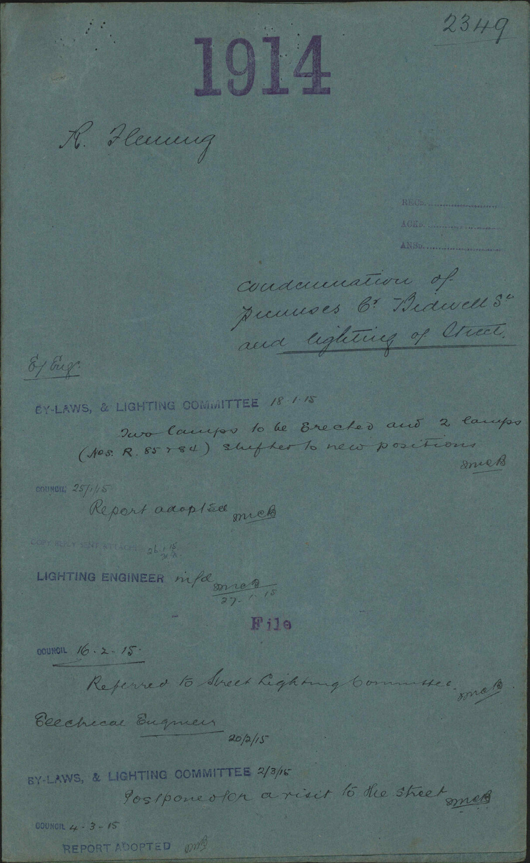 Condemnation of premises corner Bidwell Street and lighting of street - Robert Fleming