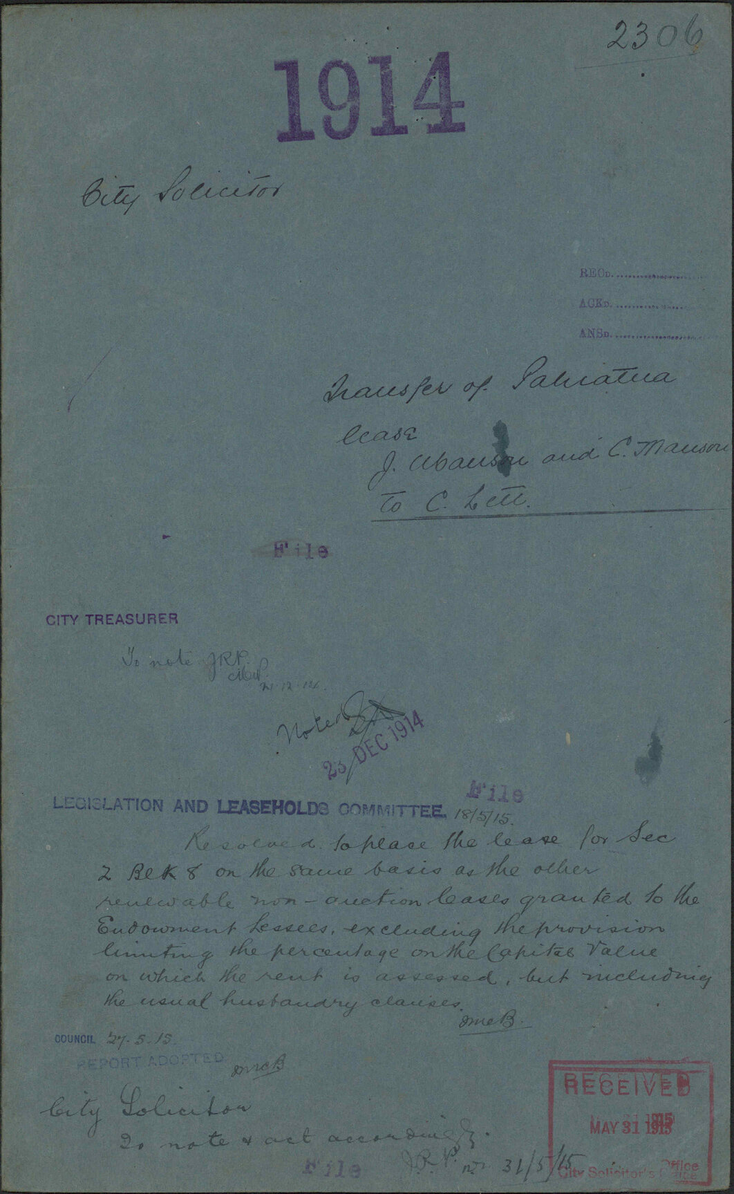 Transfer of Pahiatua lease, Jacob Manson and C Manson to C Lett - City Solicitor