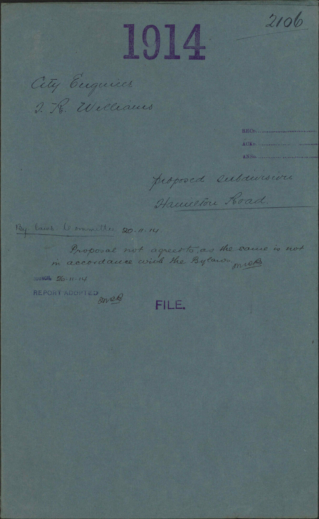 Proposed subdivision, Hamilton Road - City Engineer; T R Williams