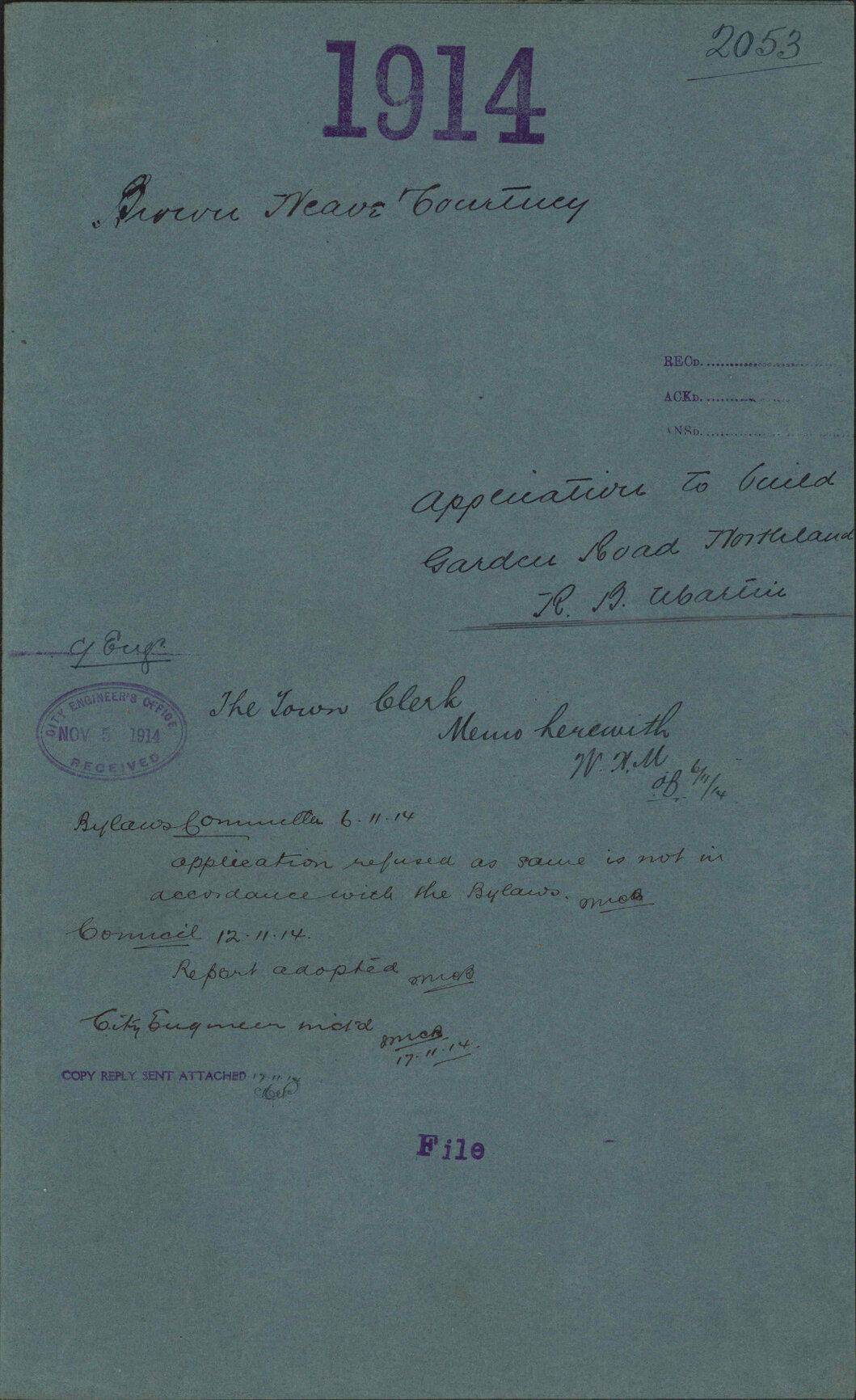 Application to build, Garden Road, Northland, R B Martin - Brown, Neave &amp; Courtney