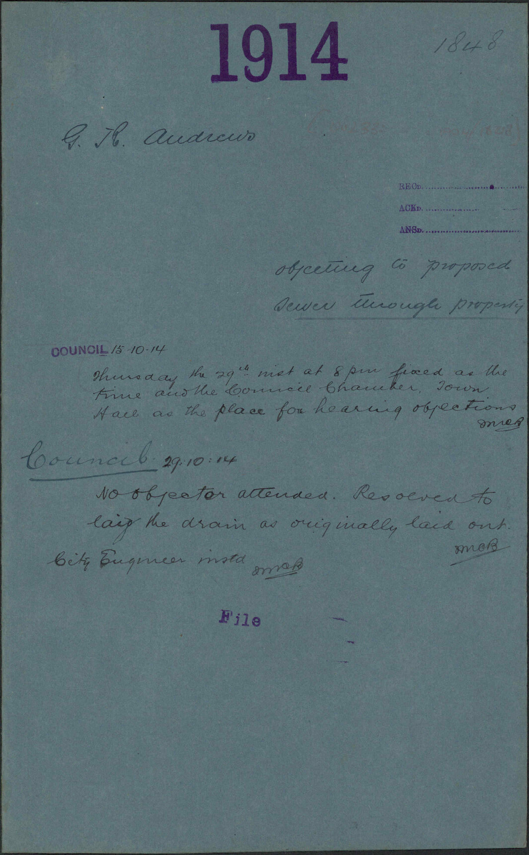 Objecting to proposed sewer through property - G R Andrews