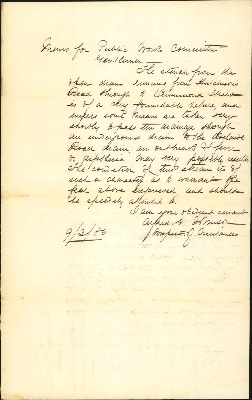 Open stream from Hutchinson Road to Drummond Street - Inspector of Nuisances