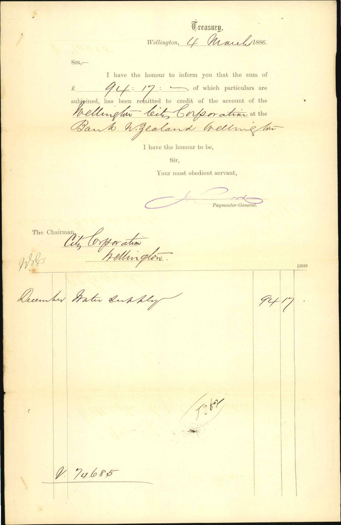 Advising payment of water account etc - Treasury